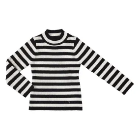 Abel & Lula Girls Black & White Knit Striped Turtleneck Top