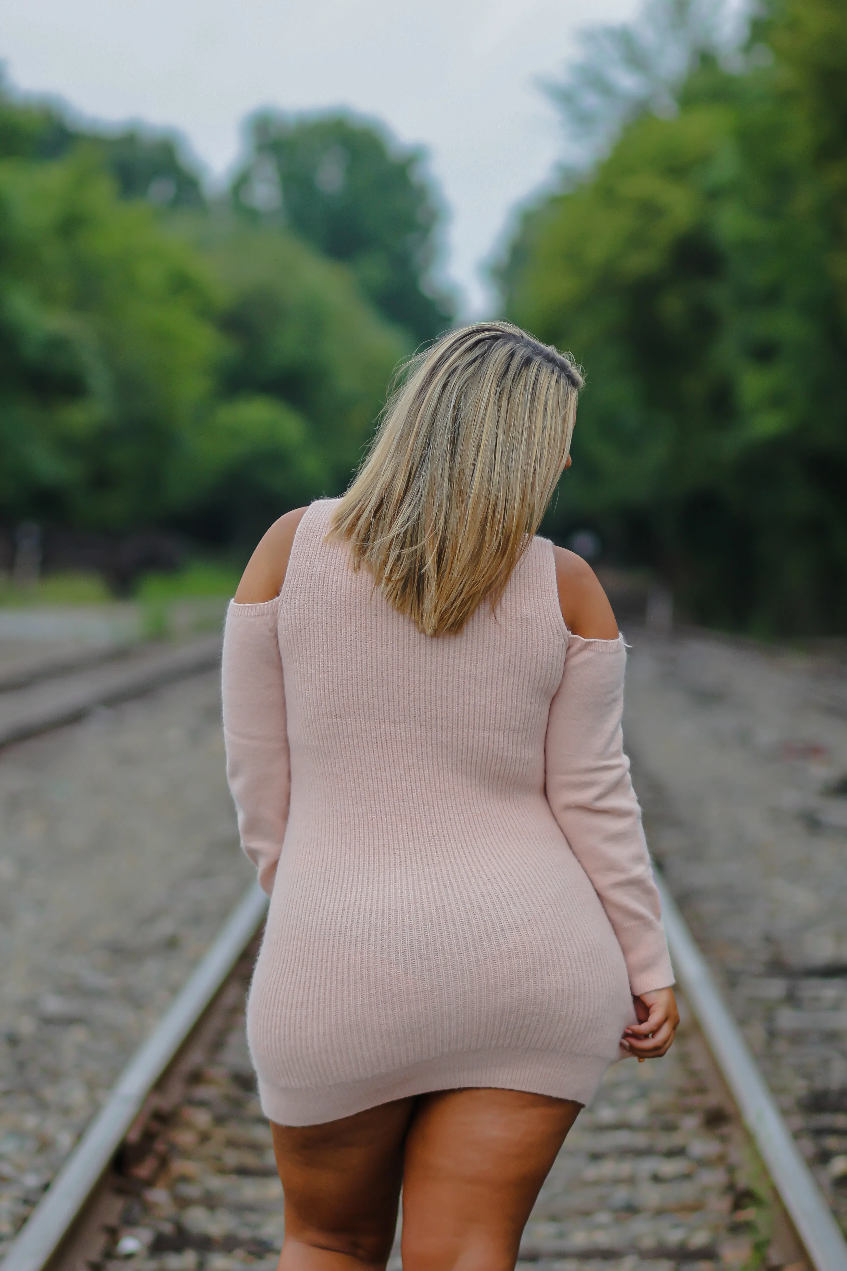 Baby Pink Cold Shoulder Turtleneck Sweater Dress