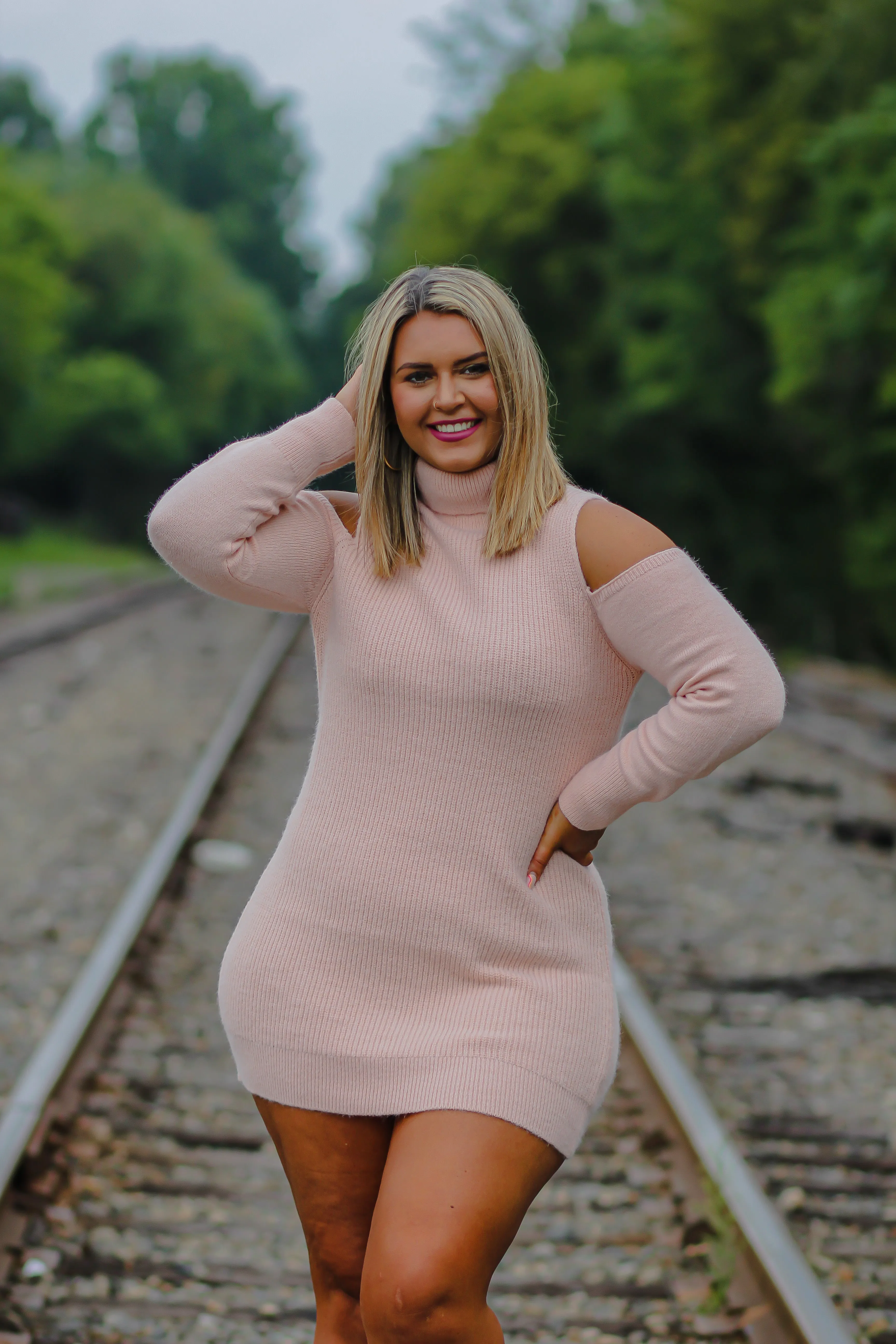 Baby Pink Cold Shoulder Turtleneck Sweater Dress