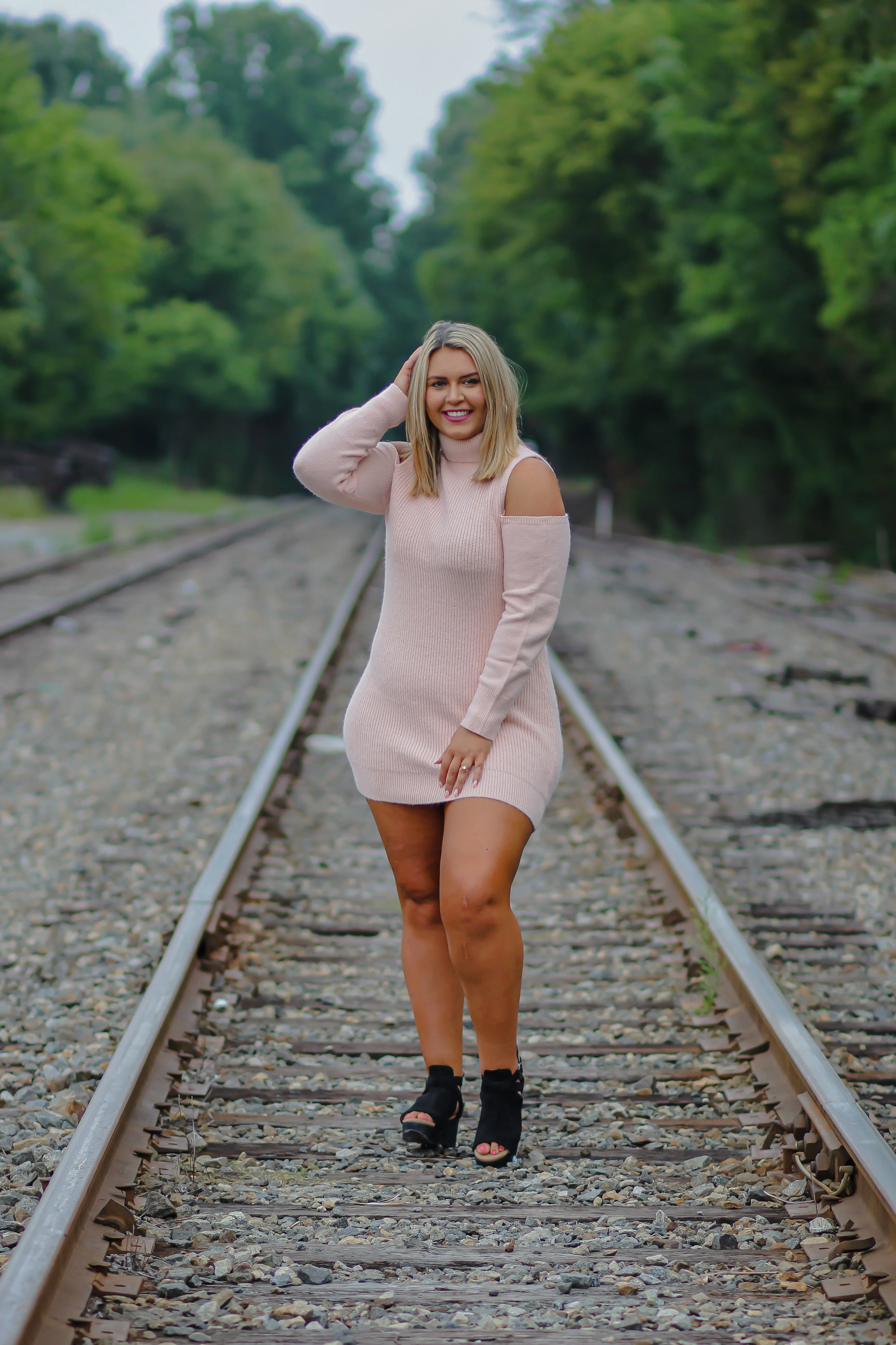 Baby Pink Cold Shoulder Turtleneck Sweater Dress