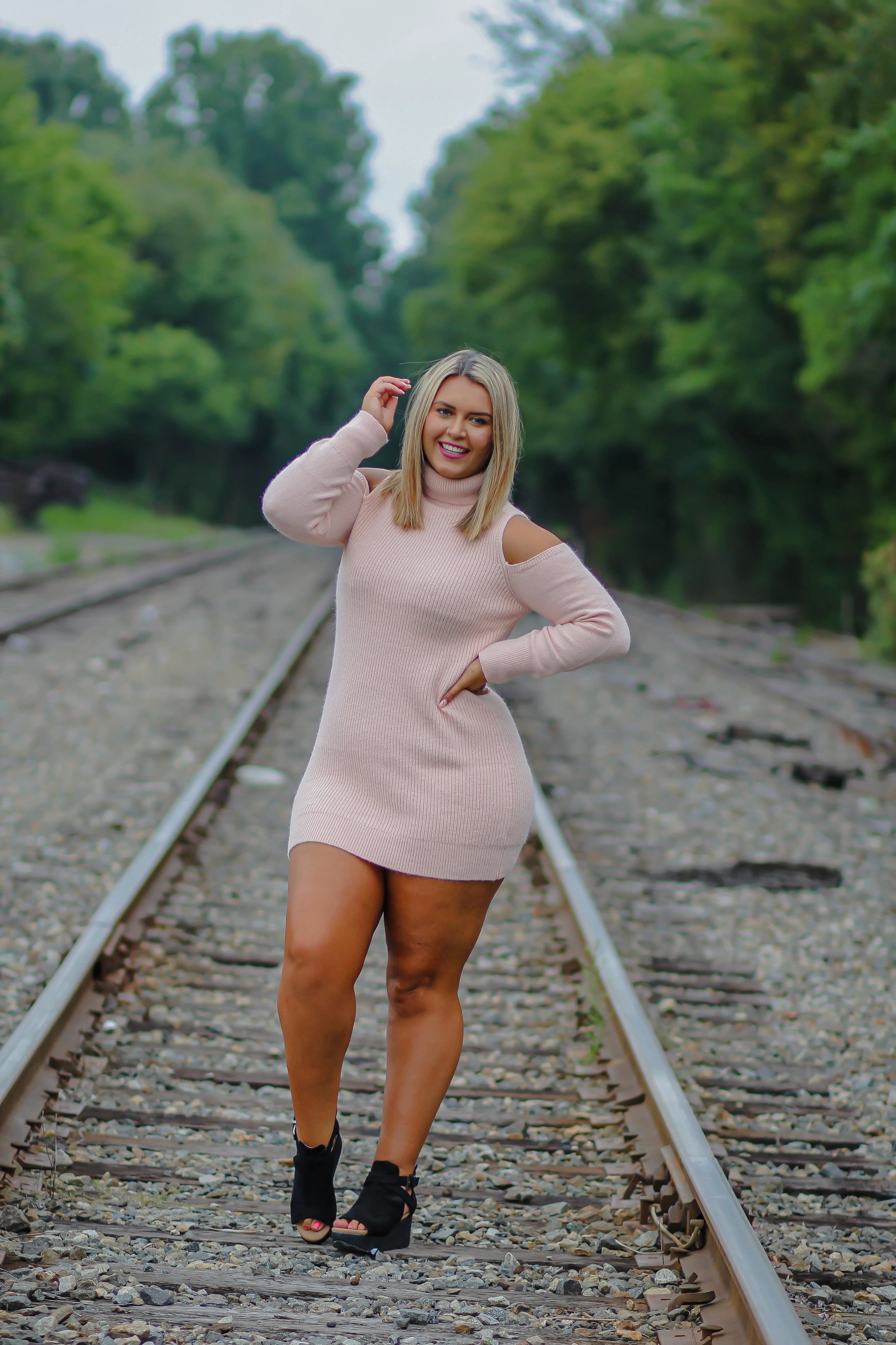 Baby Pink Cold Shoulder Turtleneck Sweater Dress