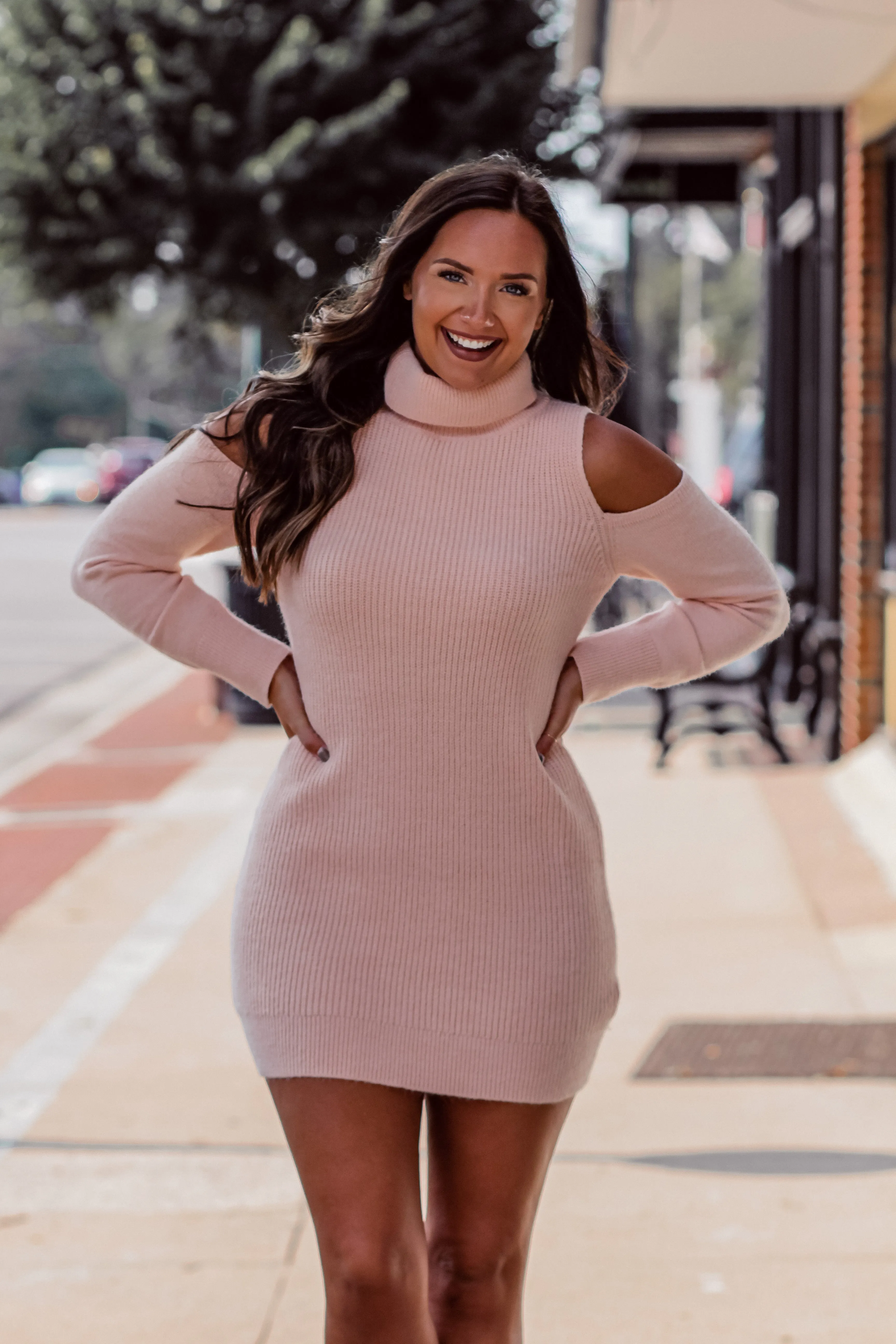 Baby Pink Cold Shoulder Turtleneck Sweater Dress