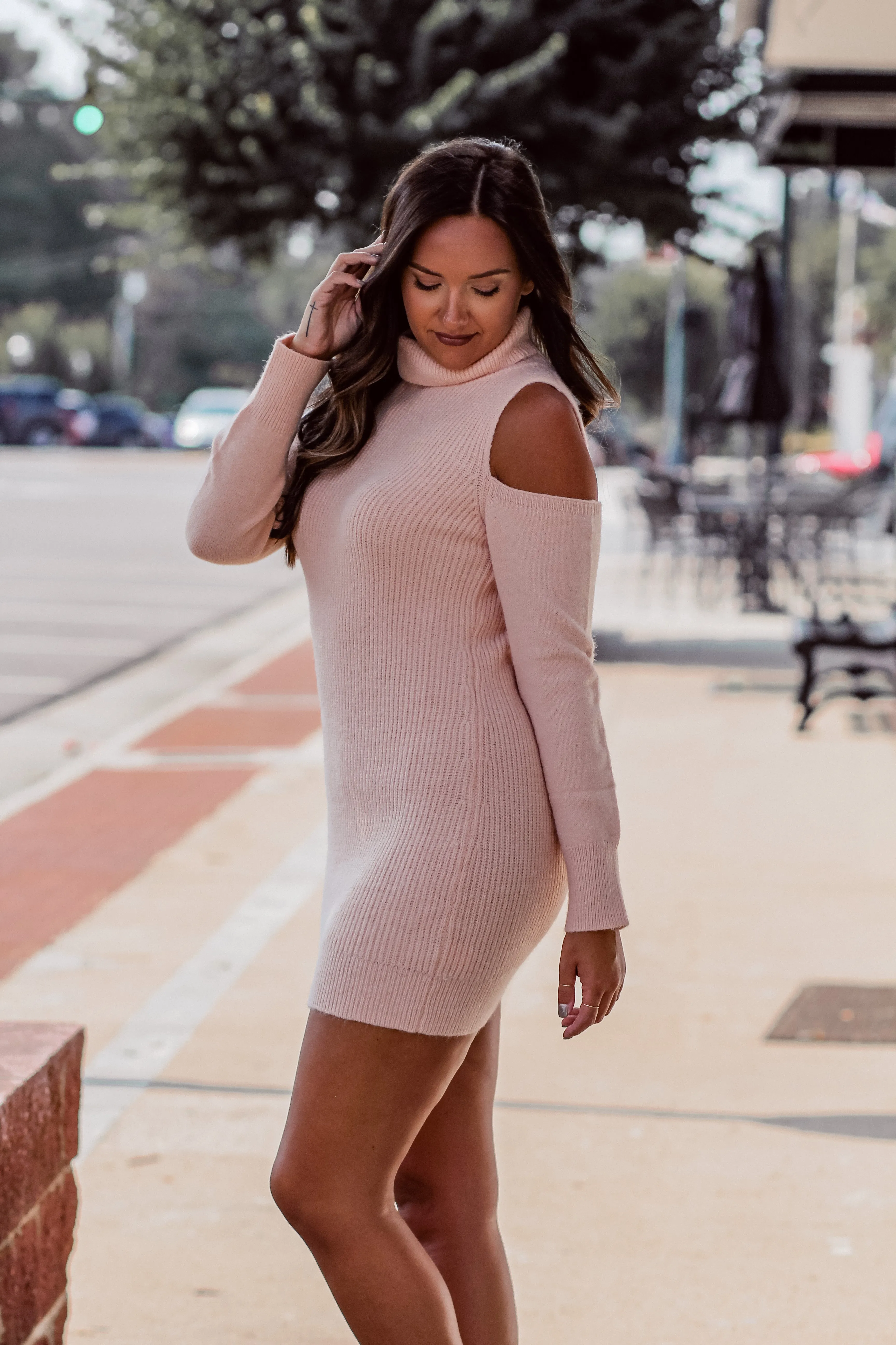 Baby Pink Cold Shoulder Turtleneck Sweater Dress
