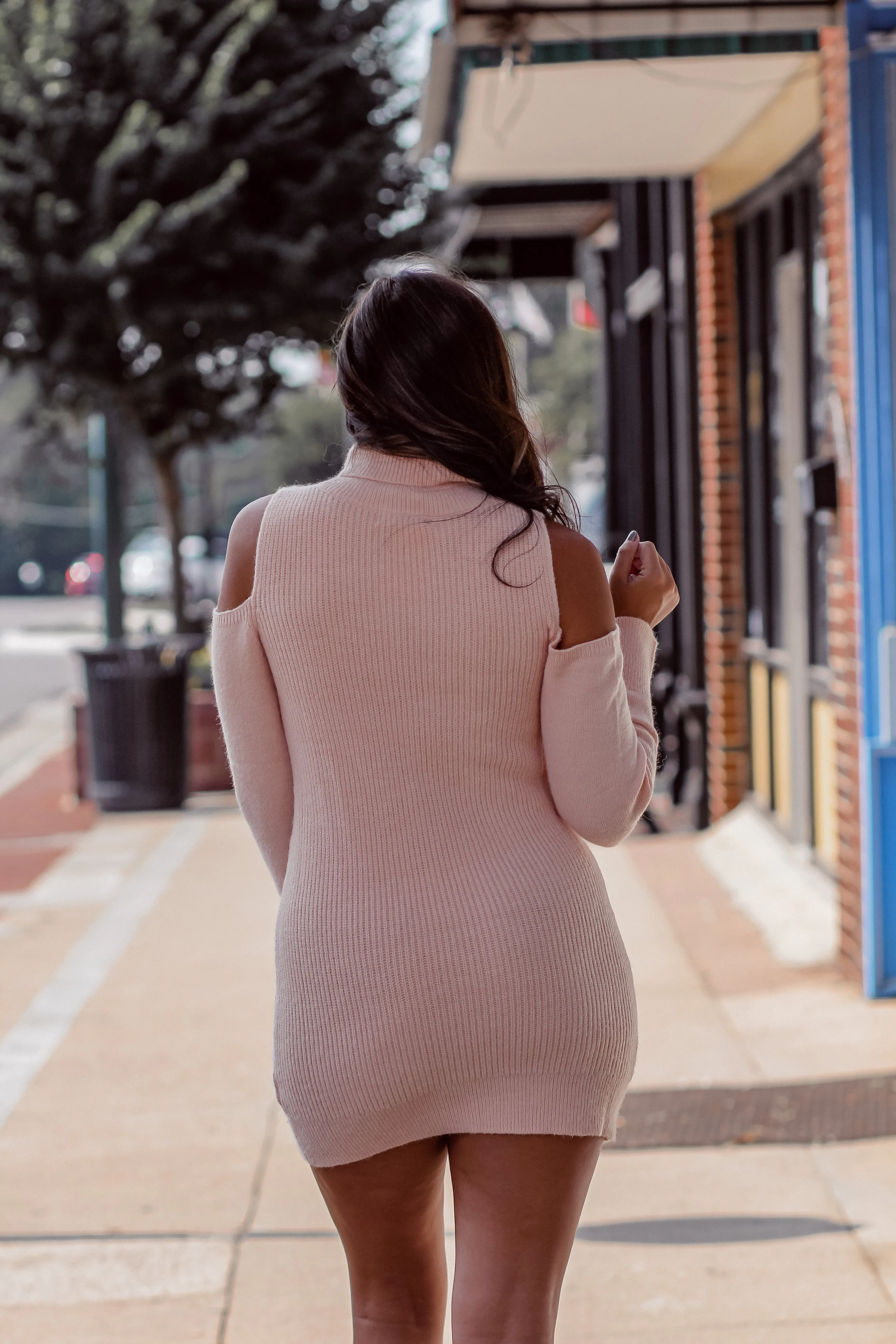 Baby Pink Cold Shoulder Turtleneck Sweater Dress