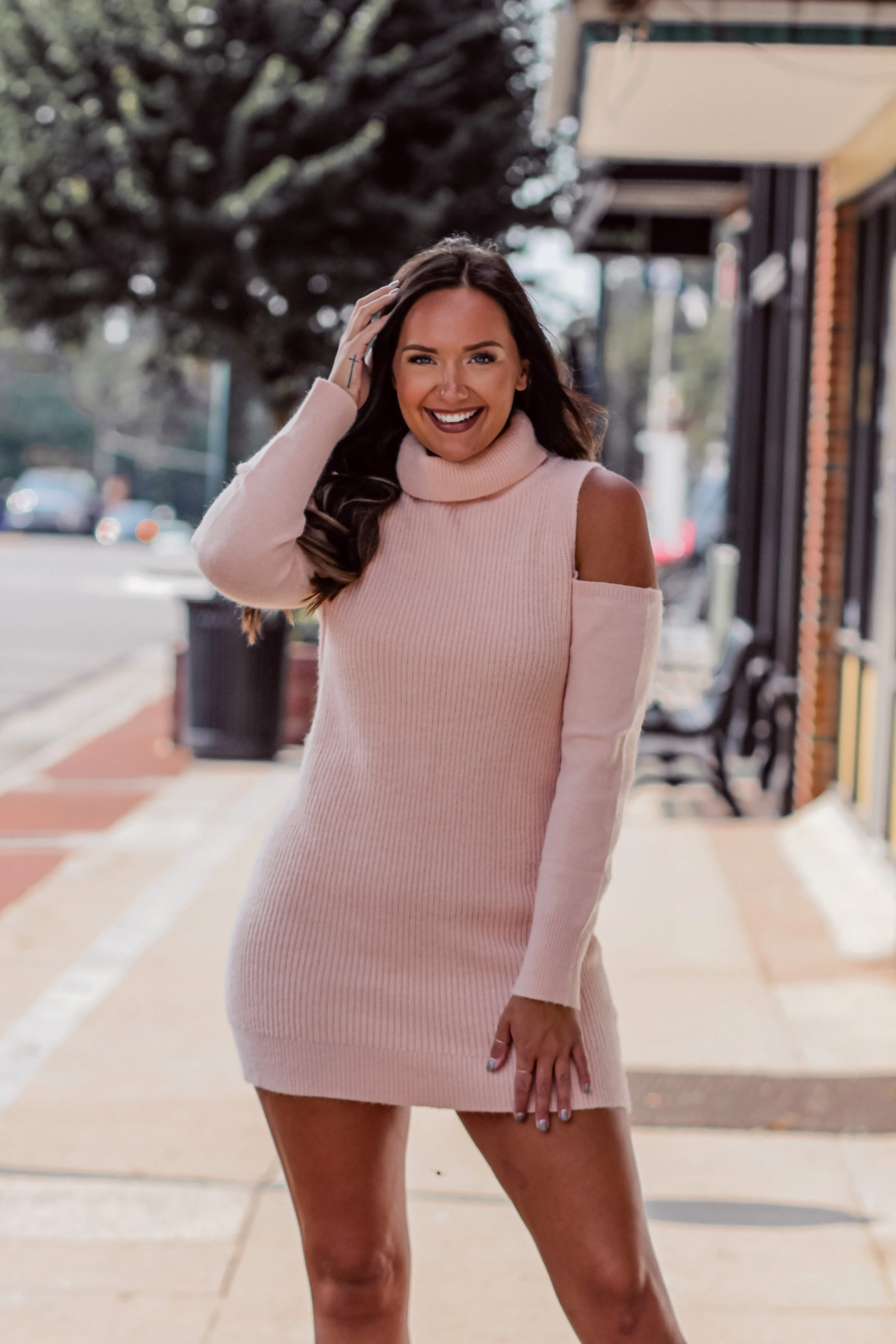 Baby Pink Cold Shoulder Turtleneck Sweater Dress