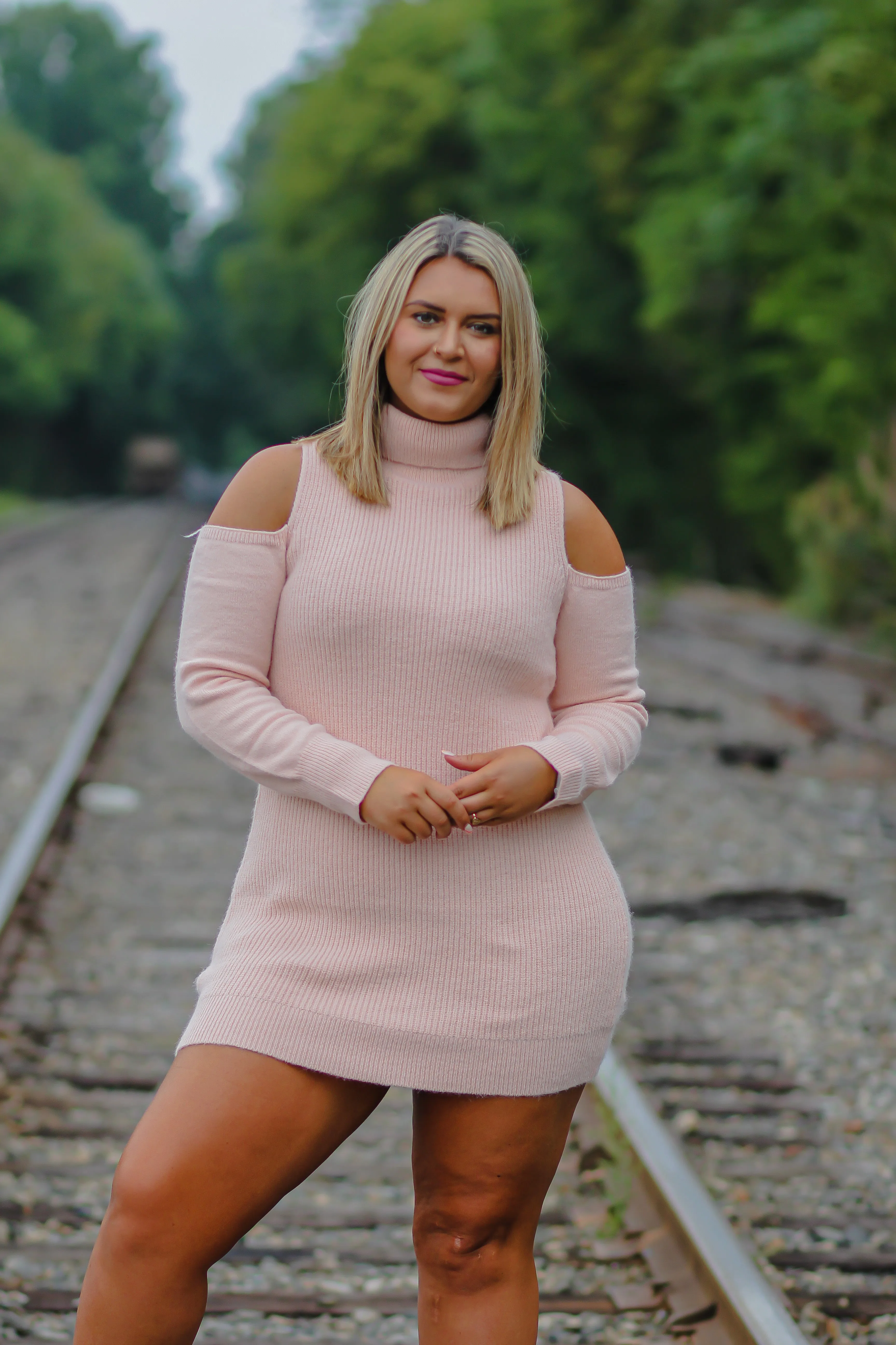 Baby Pink Cold Shoulder Turtleneck Sweater Dress