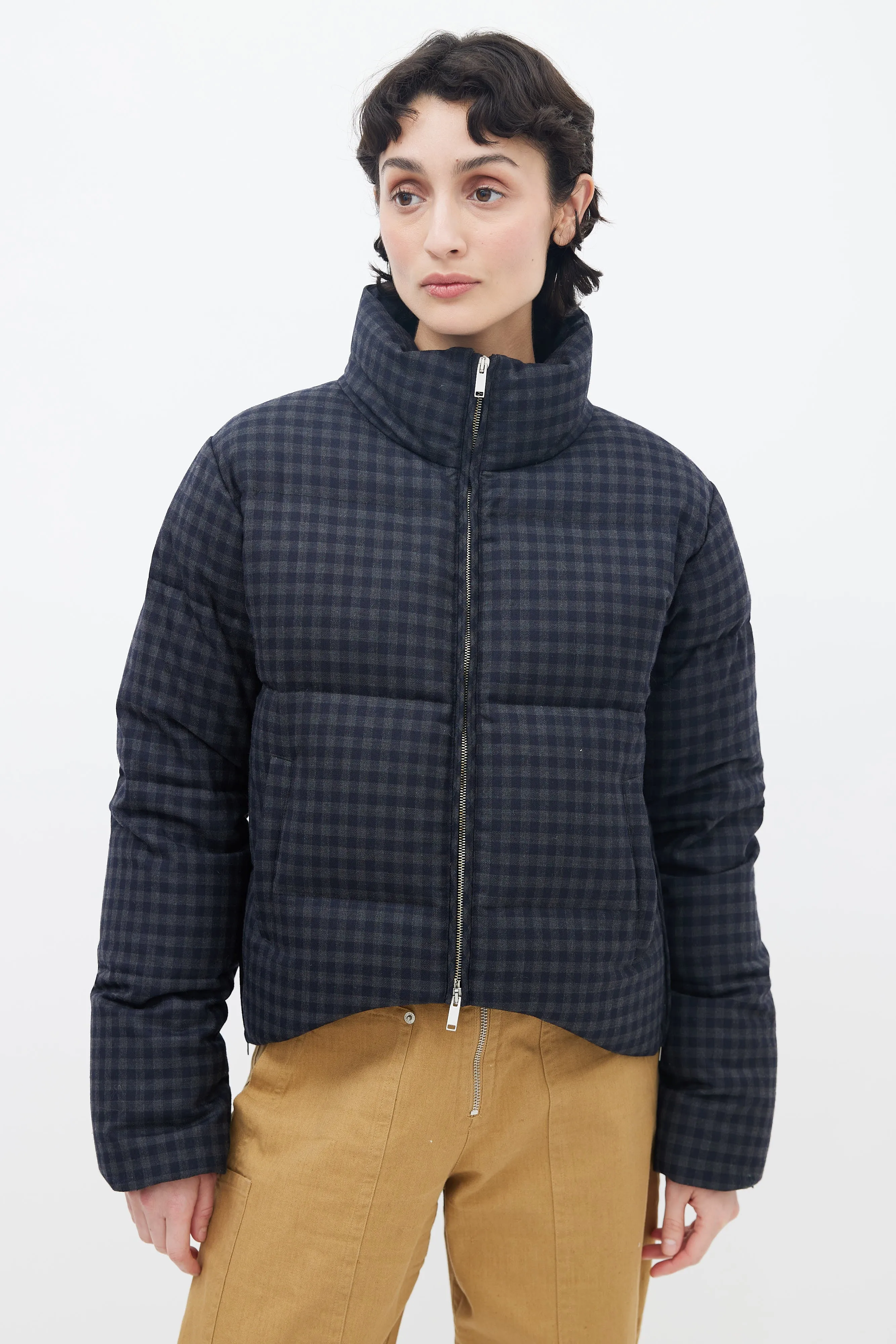 Black & Grey Plaid Down Jacket