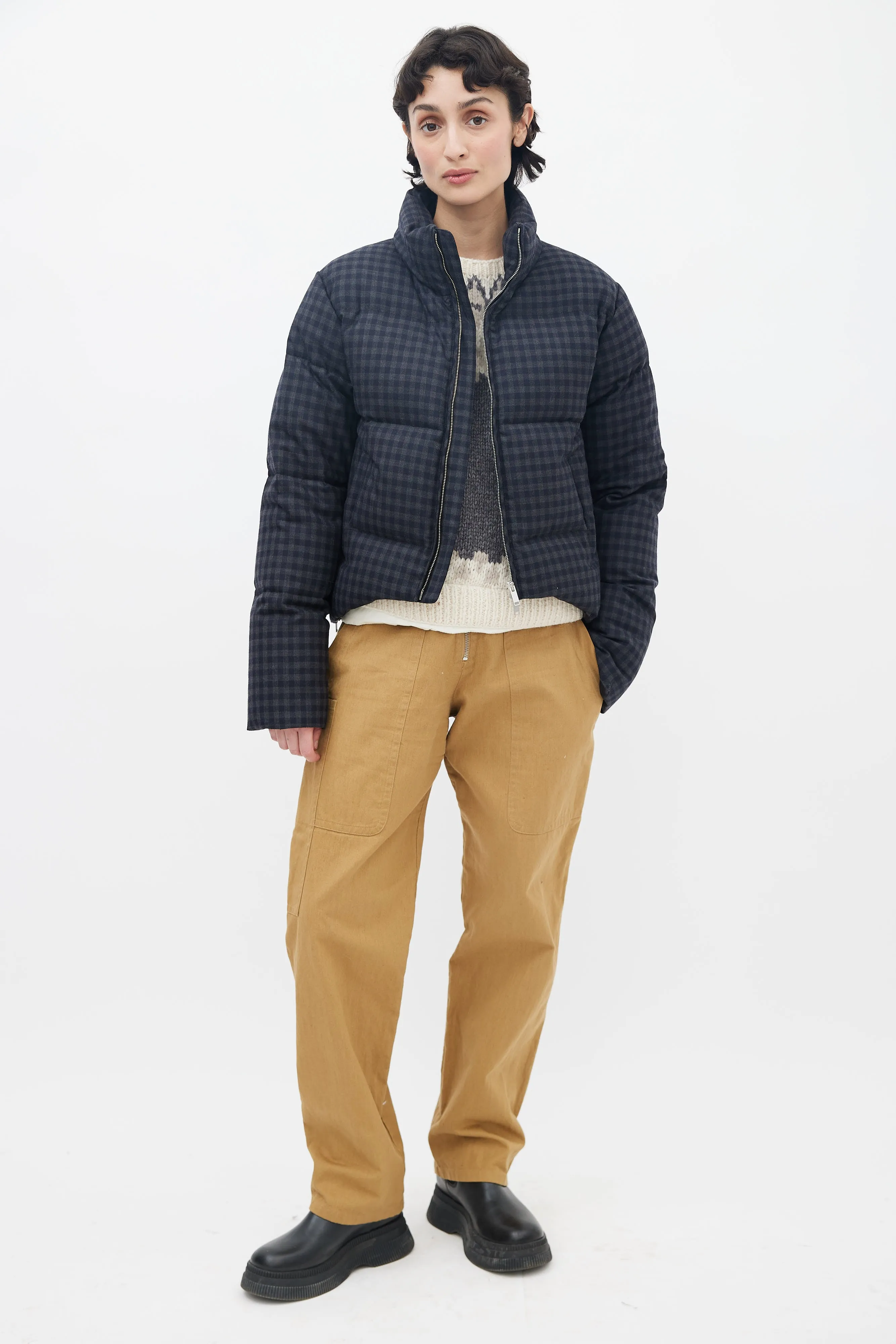 Black & Grey Plaid Down Jacket