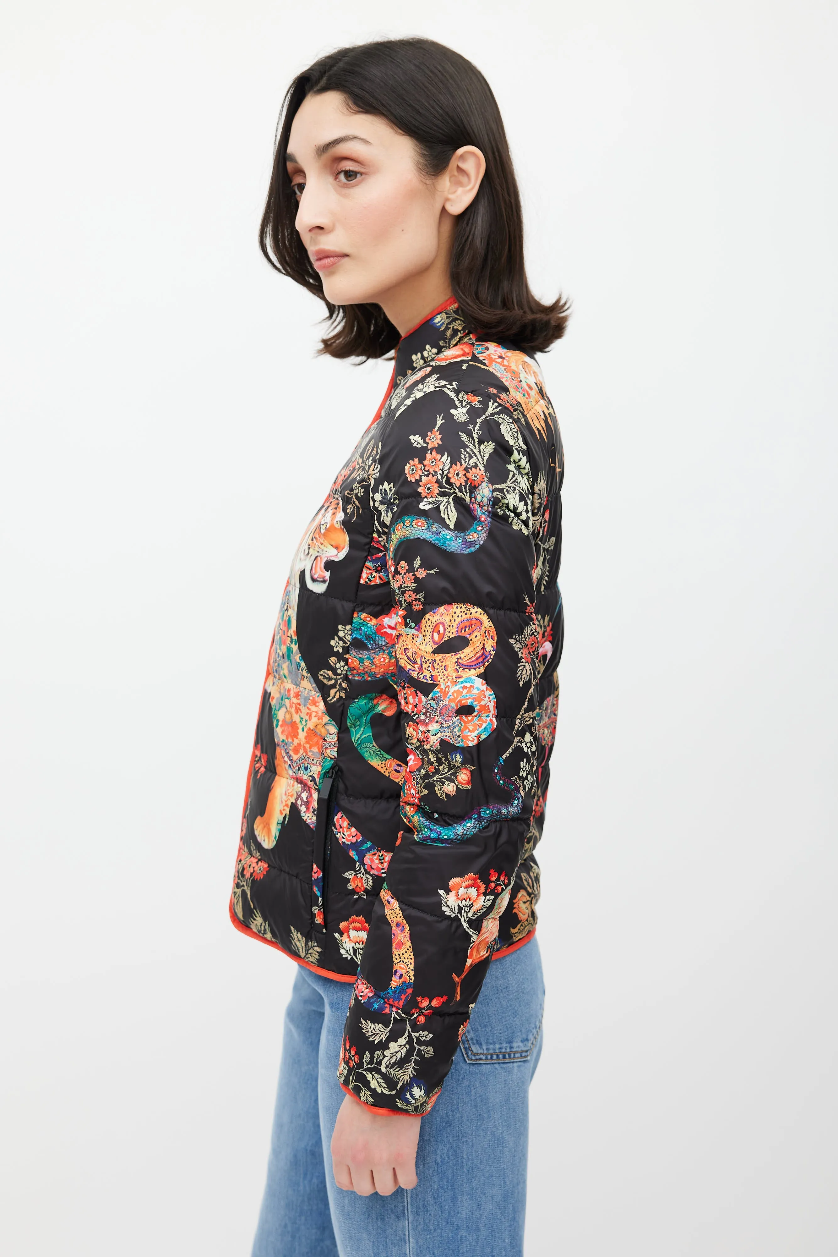 Black & Multicolour Floral Down Jacket