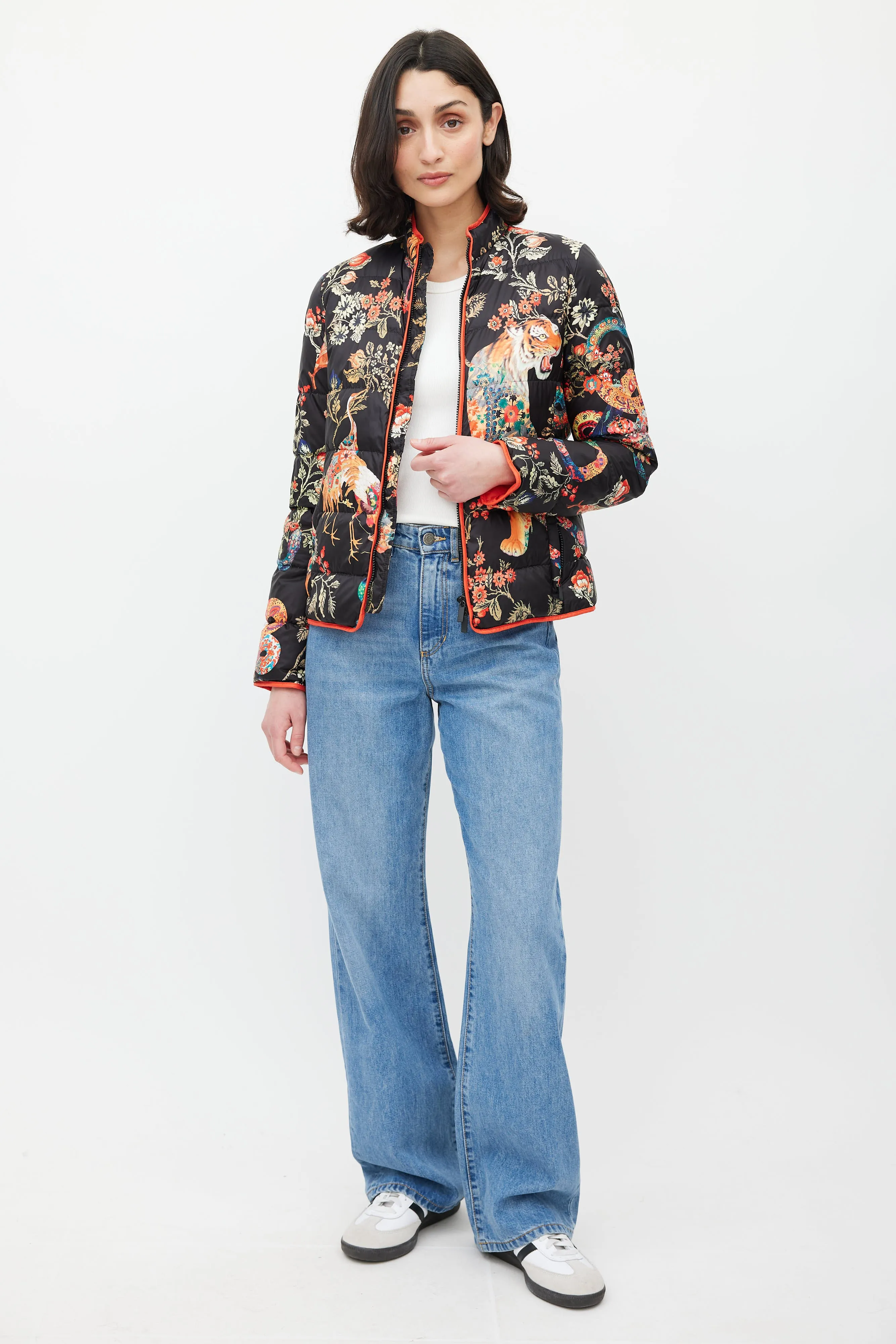 Black & Multicolour Floral Down Jacket