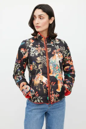 Black & Multicolour Floral Down Jacket