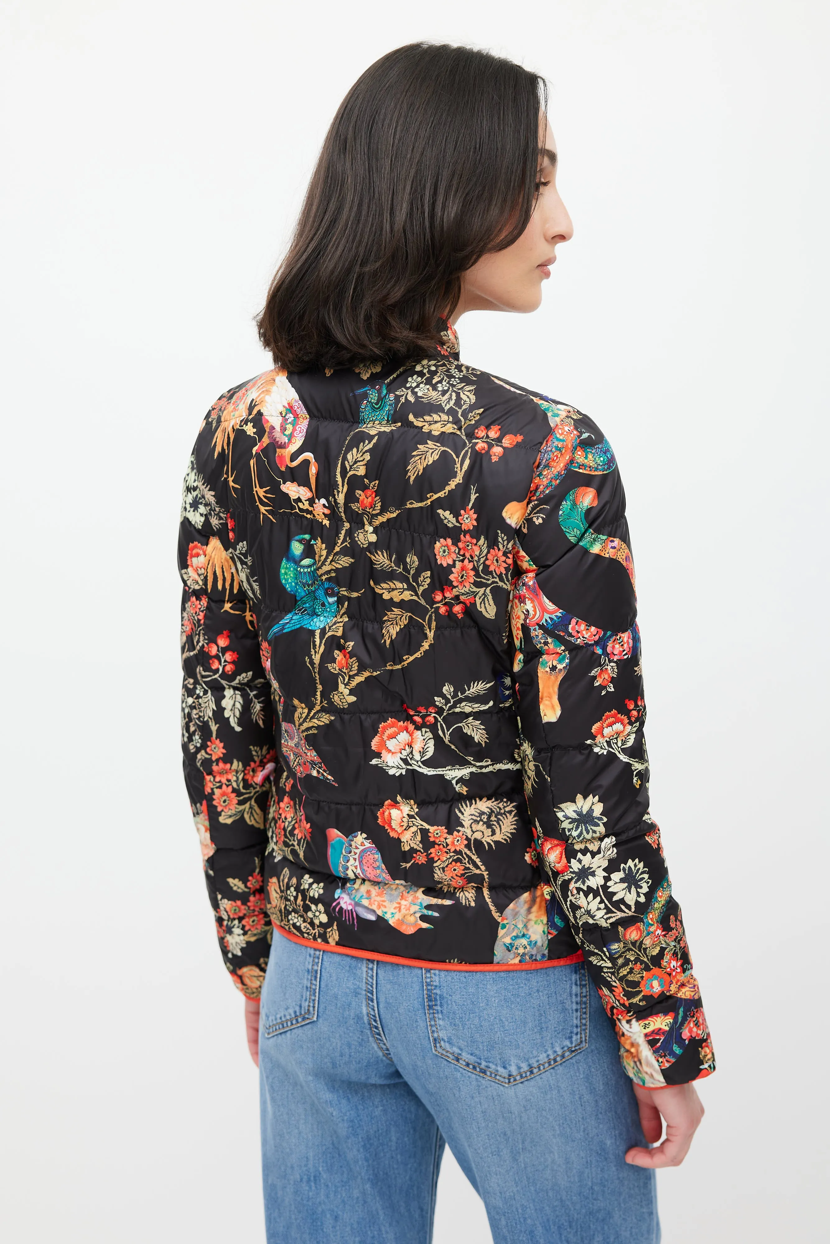 Black & Multicolour Floral Down Jacket