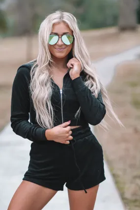 Black Loop Terry Zip Up Hooded Jacket & Shorts Lounge set