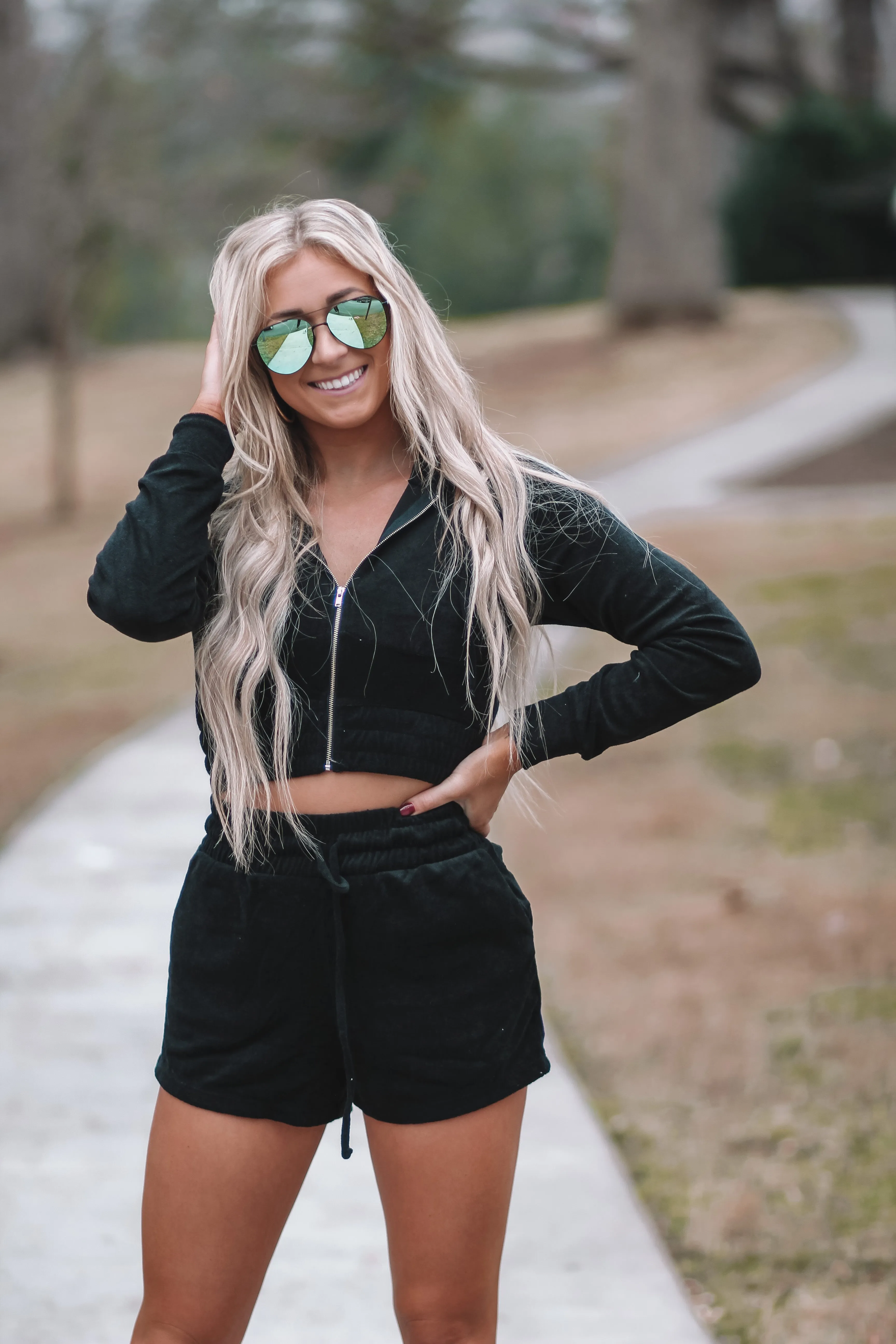 Black Loop Terry Zip Up Hooded Jacket & Shorts Lounge set