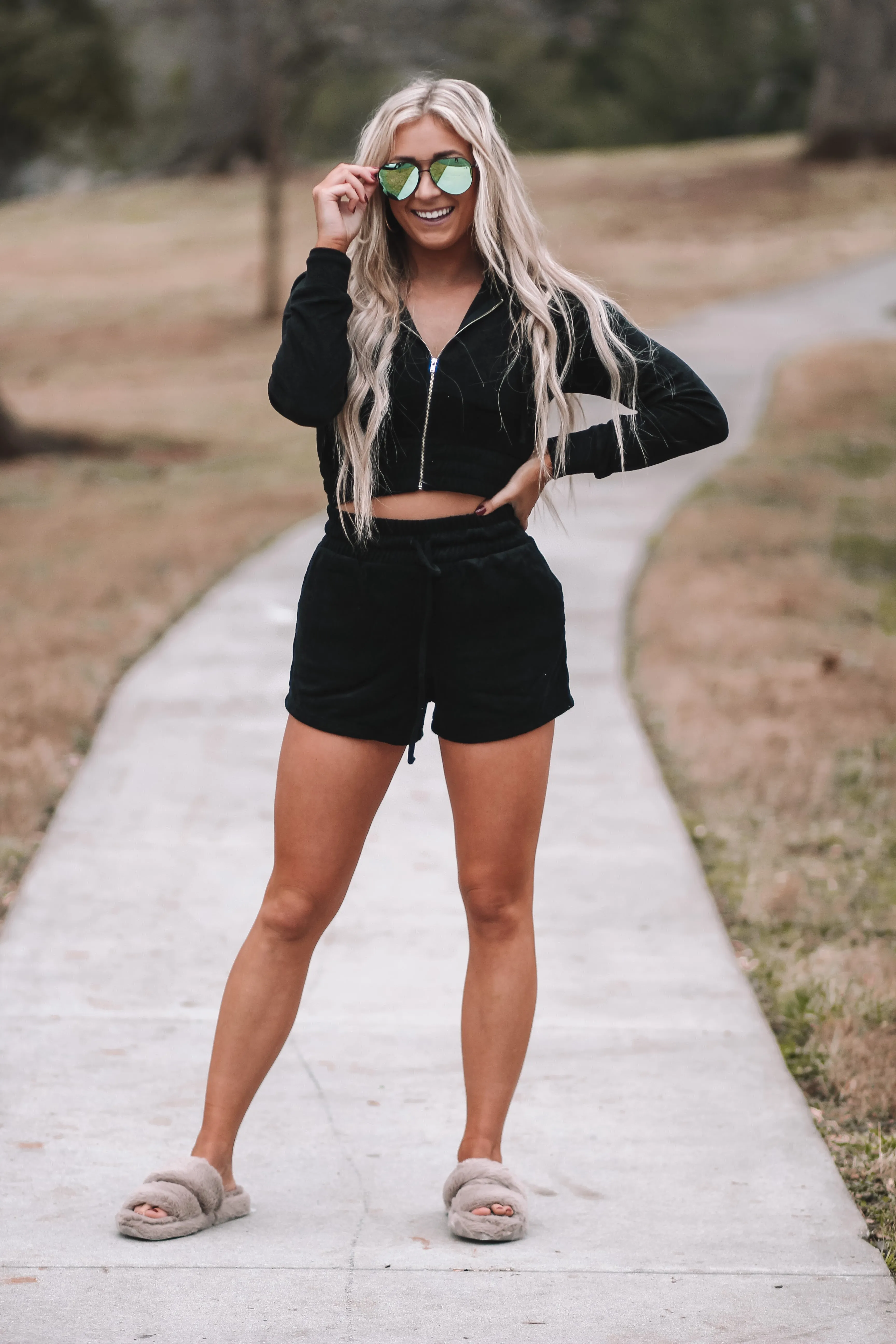 Black Loop Terry Zip Up Hooded Jacket & Shorts Lounge set