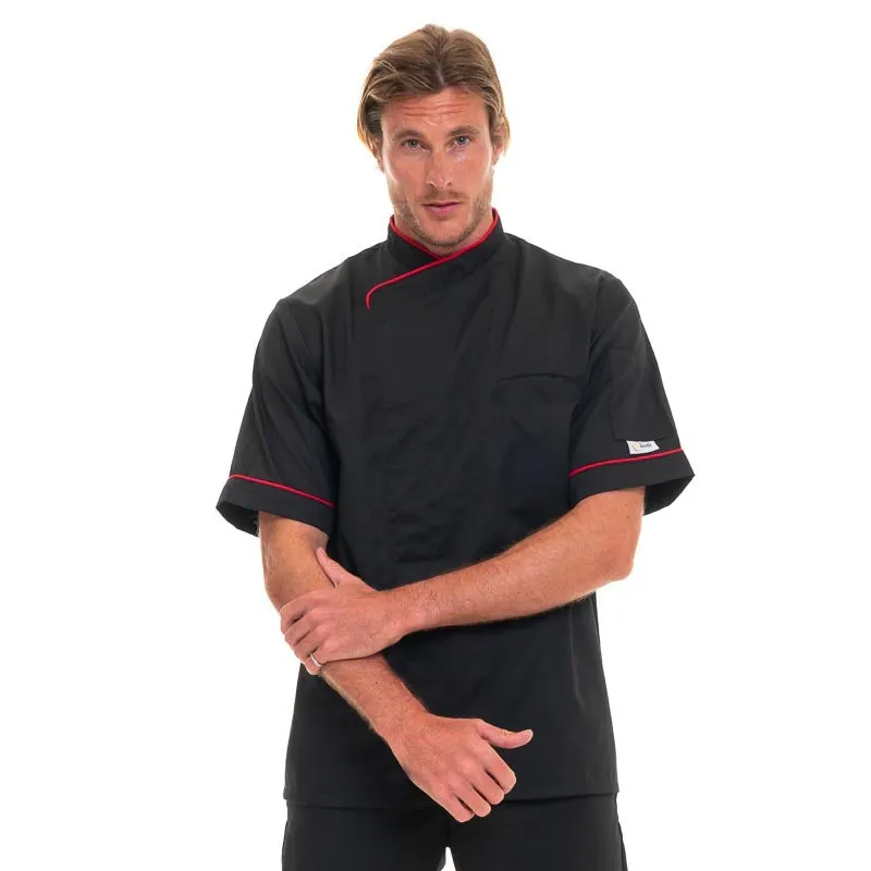 Mens Breathable Short Sleeve Chef Coat with Stylish Red Piping - MANELLI