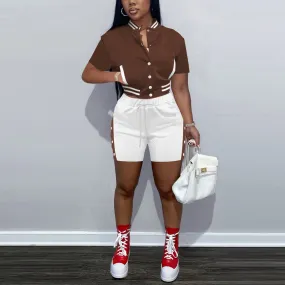 Button-Down Short-Sleeve Shorts Sports Baseball Jacket Two-Piece Set Wholesale Women Clothing