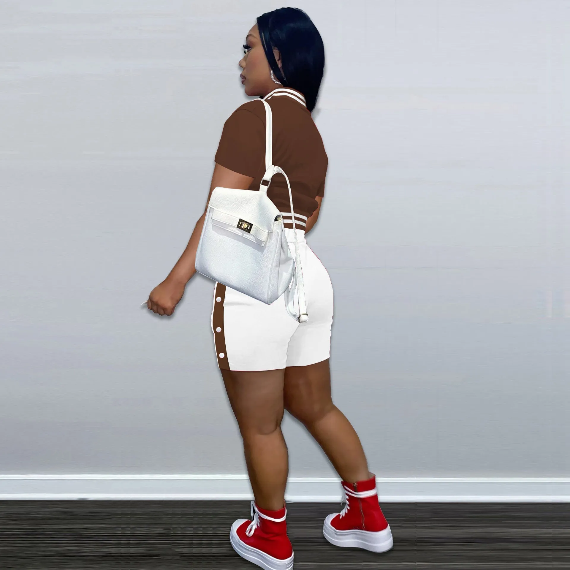 Button-Down Short-Sleeve Shorts Sports Baseball Jacket Two-Piece Set Wholesale Women Clothing