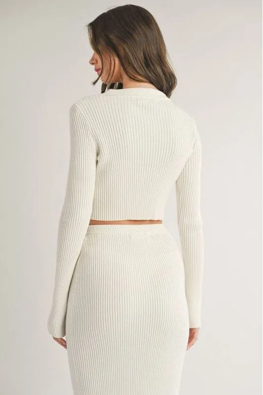 Collared Front Button Ribbed Sweater - Top