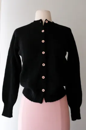Cutest 1950's Black & Baby Pink Wool Cardigan Sweater/ Sz M