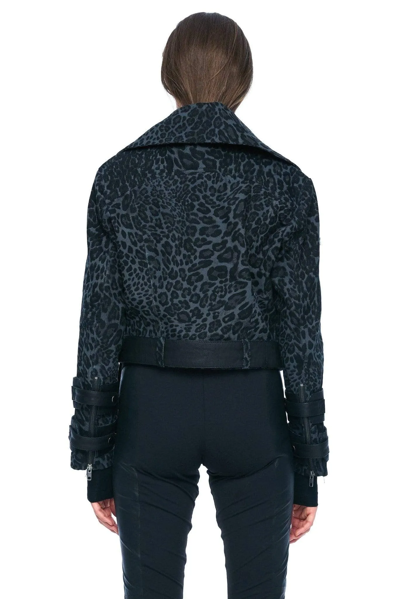 DENIM AND LEATHER BELTED MOTO JACKET IN GREY LEOPARD
