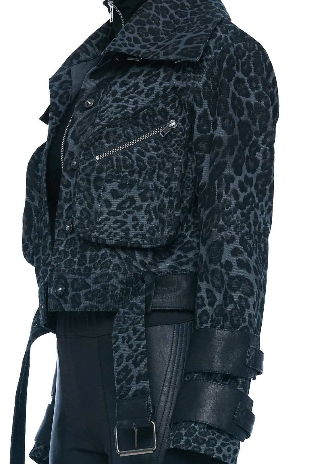 DENIM AND LEATHER BELTED MOTO JACKET IN GREY LEOPARD