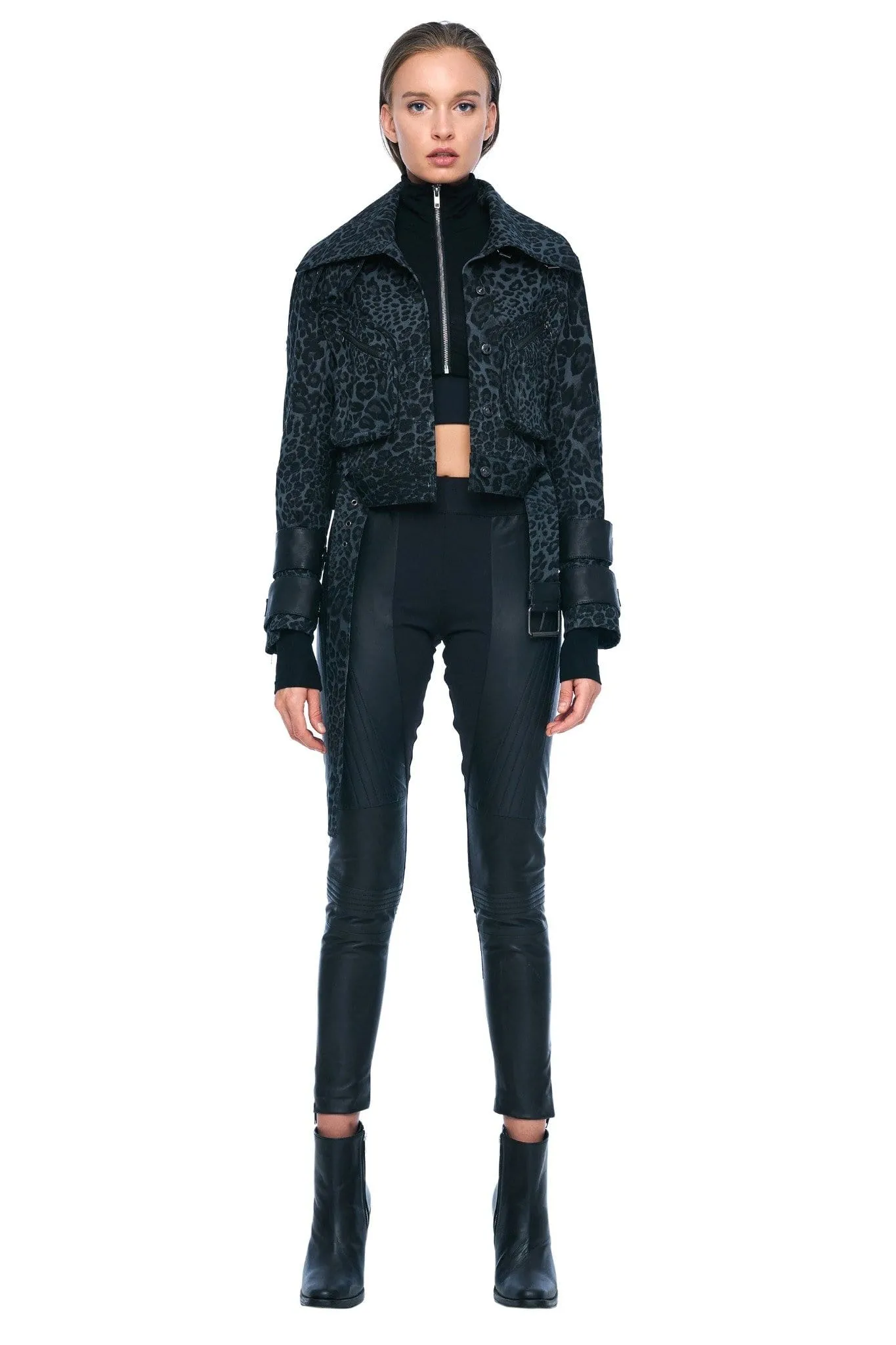 DENIM AND LEATHER BELTED MOTO JACKET IN GREY LEOPARD