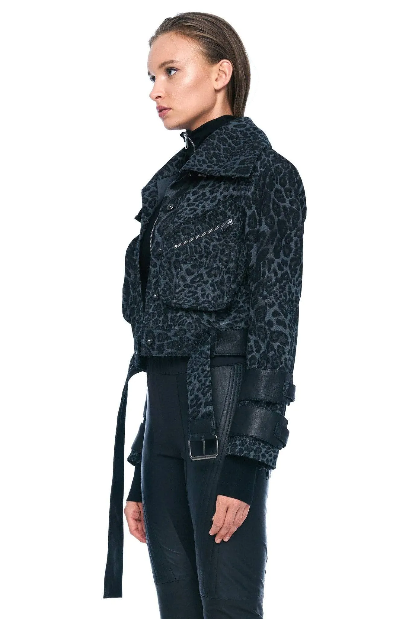 DENIM AND LEATHER BELTED MOTO JACKET IN GREY LEOPARD