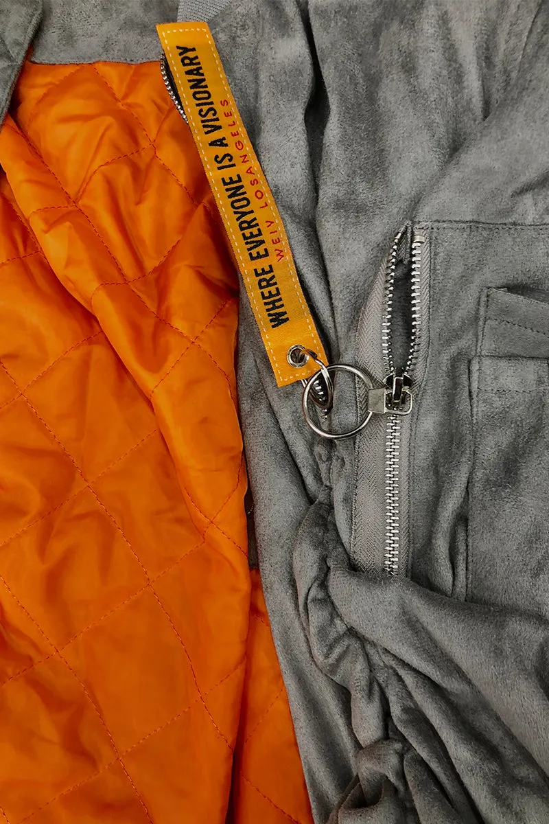 GREY SMOKE FAUX SUEDE TAGGED BOMBER