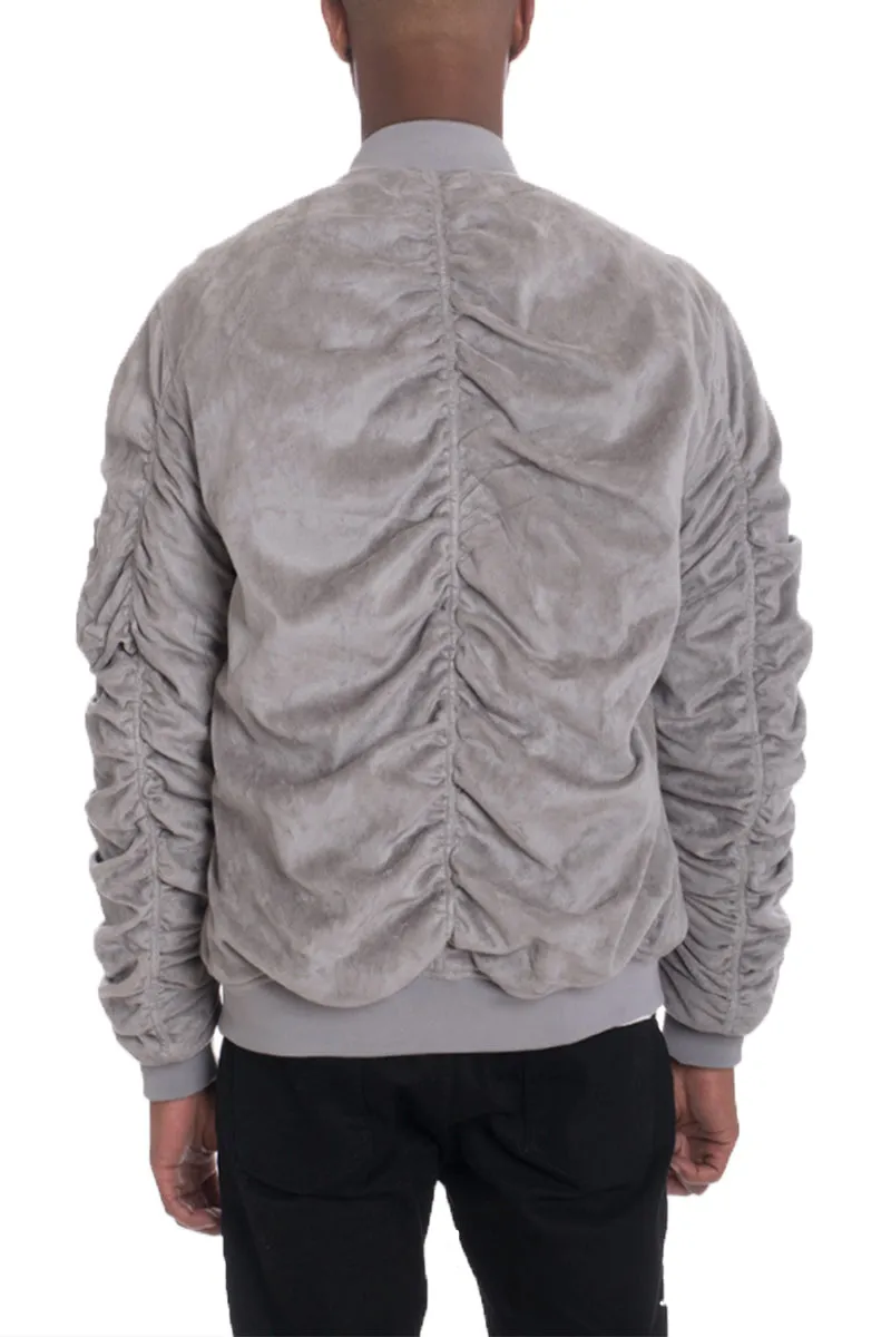 GREY SMOKE FAUX SUEDE TAGGED BOMBER