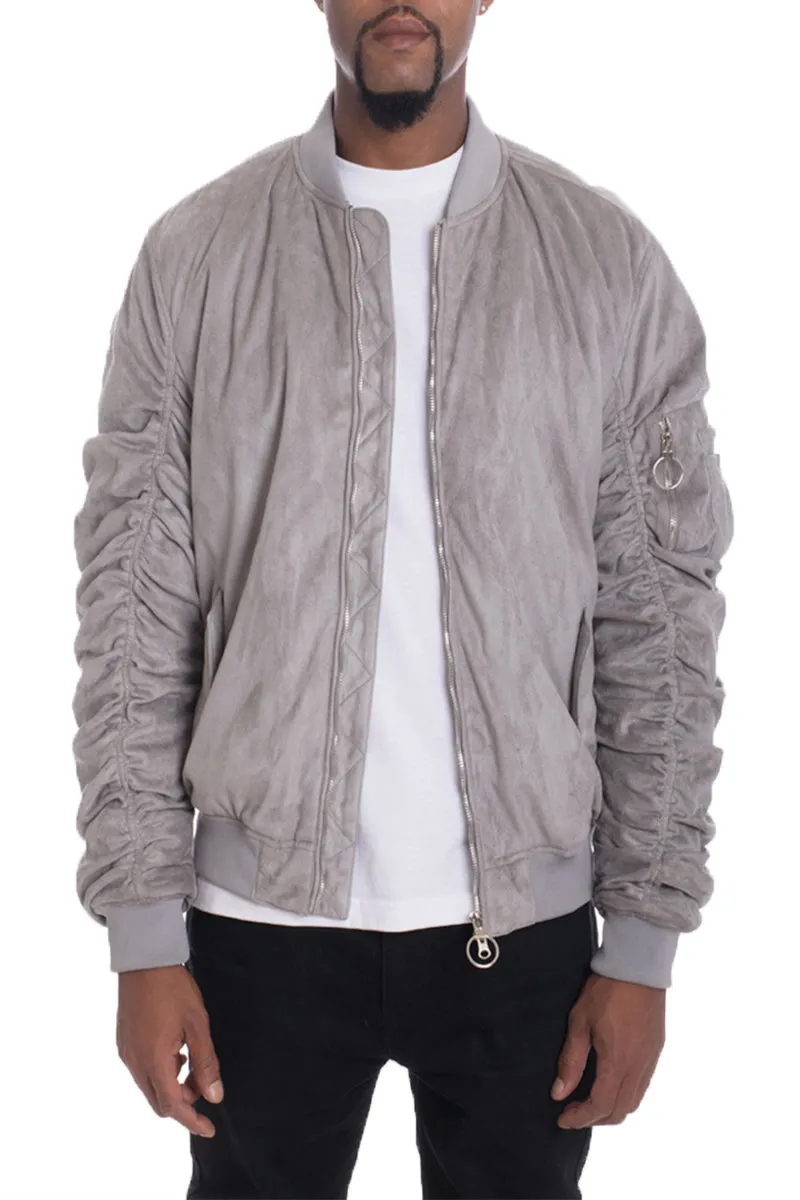 GREY SMOKE FAUX SUEDE TAGGED BOMBER