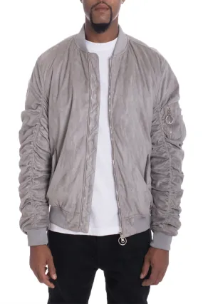 GREY SMOKE FAUX SUEDE TAGGED BOMBER
