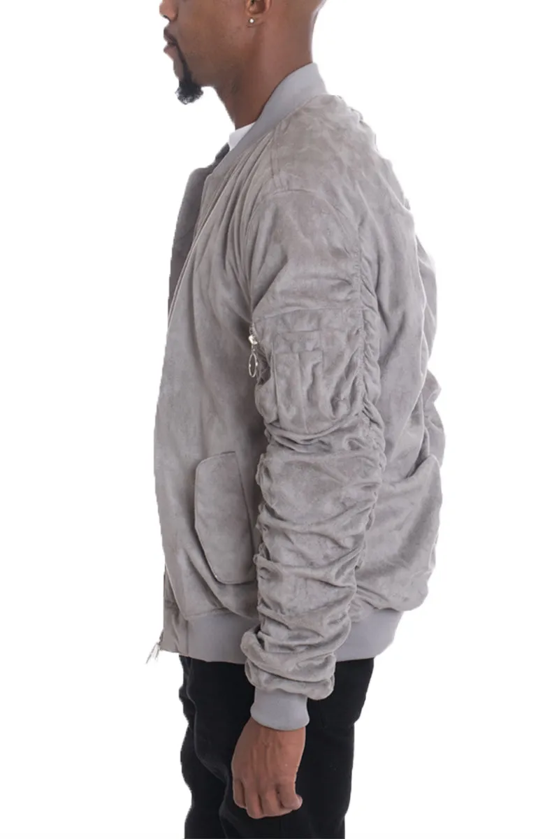GREY SMOKE FAUX SUEDE TAGGED BOMBER