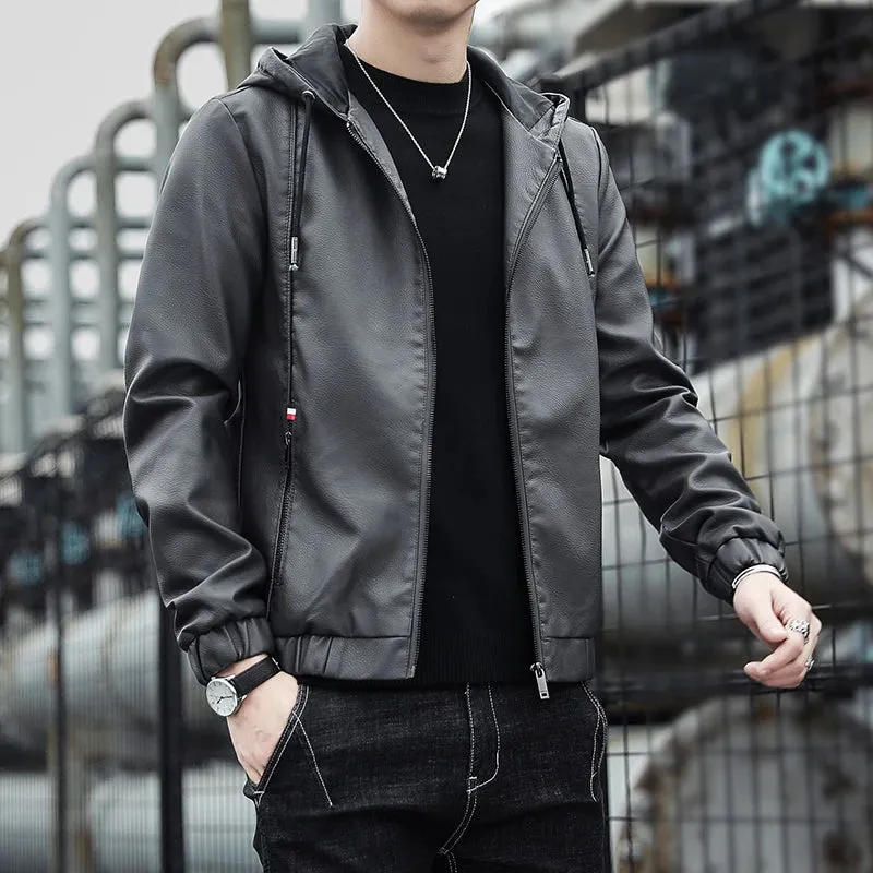 Hooded Leather Jacket Men Black Leather Jacket Hooded Light weight Motorcycle Jacket Men Fashion
