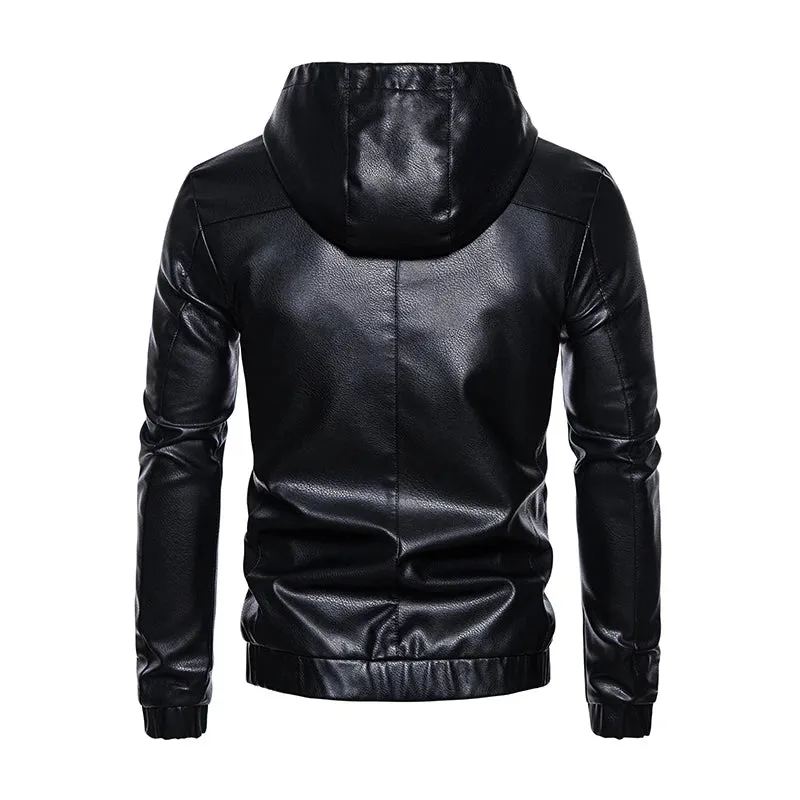 Hooded Leather Jacket Men Black Leather Jacket Hooded Light weight Motorcycle Jacket Men Fashion
