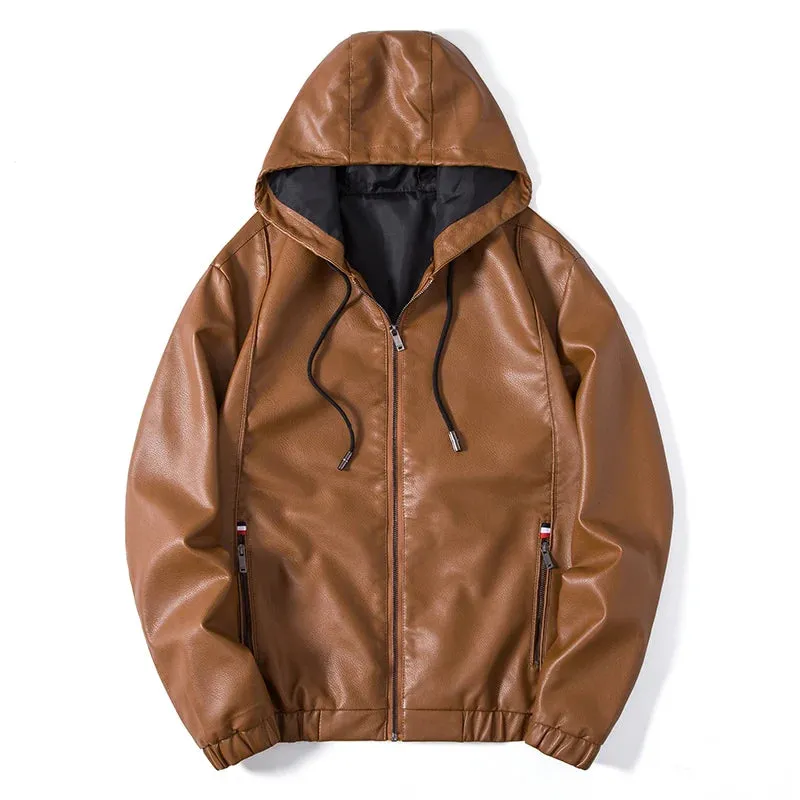 Hooded Leather Jacket Men Black Leather Jacket Hooded Light weight Motorcycle Jacket Men Fashion