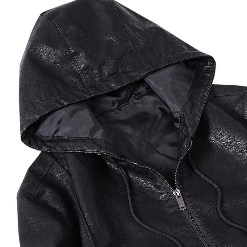 Hooded Leather Jacket Men Black Leather Jacket Hooded Light weight Motorcycle Jacket Men Fashion