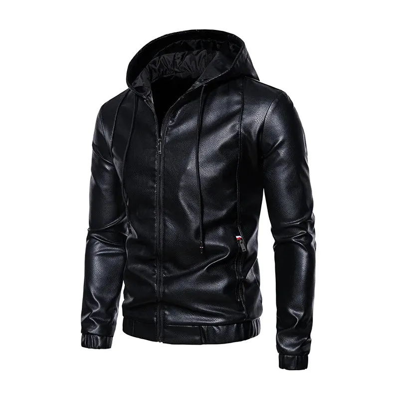 Hooded Leather Jacket Men Black Leather Jacket Hooded Light weight Motorcycle Jacket Men Fashion