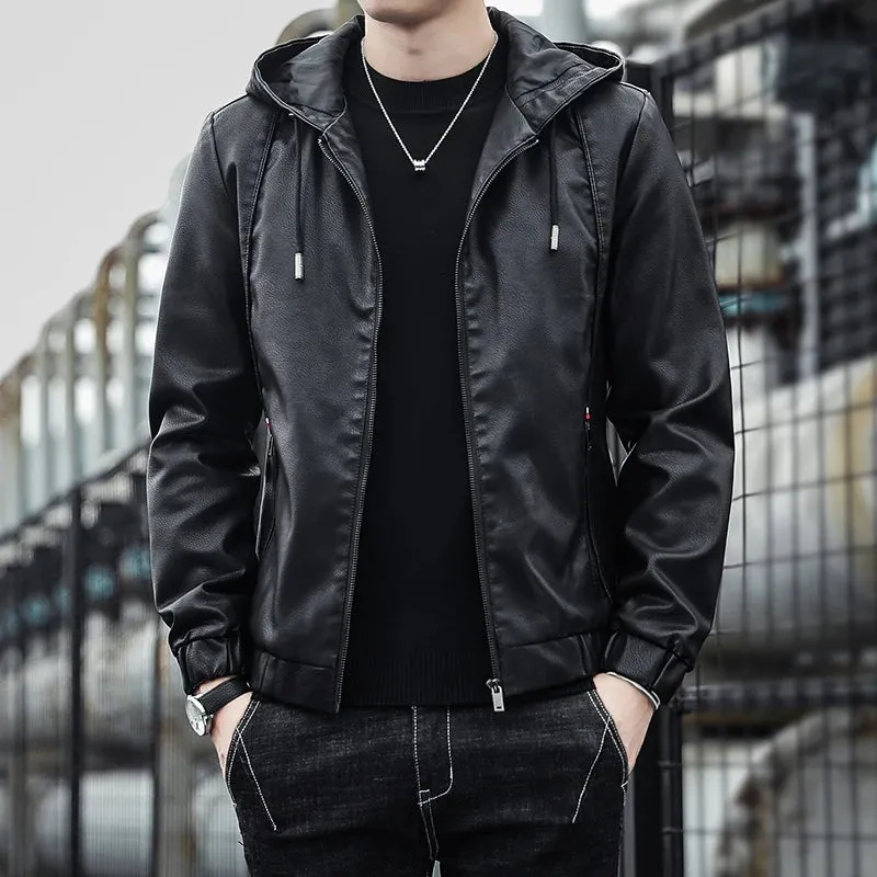 Hooded Leather Jacket Men Black Leather Jacket Hooded Light weight Motorcycle Jacket Men Fashion