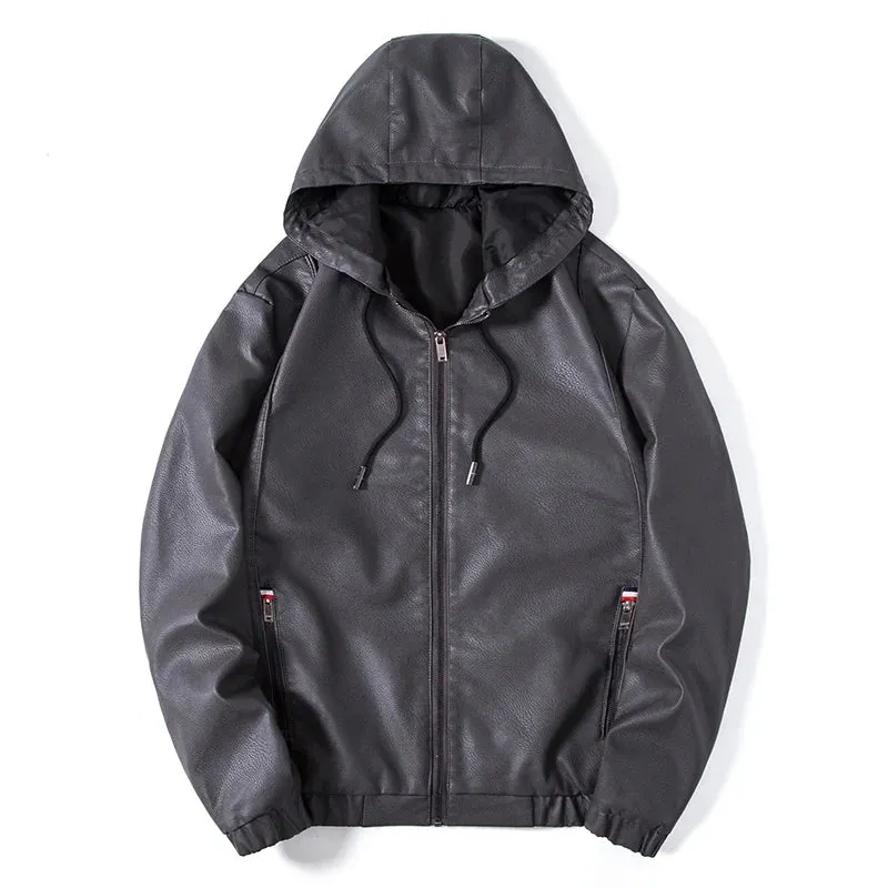 Hooded Leather Jacket Men Black Leather Jacket Hooded Light weight Motorcycle Jacket Men Fashion