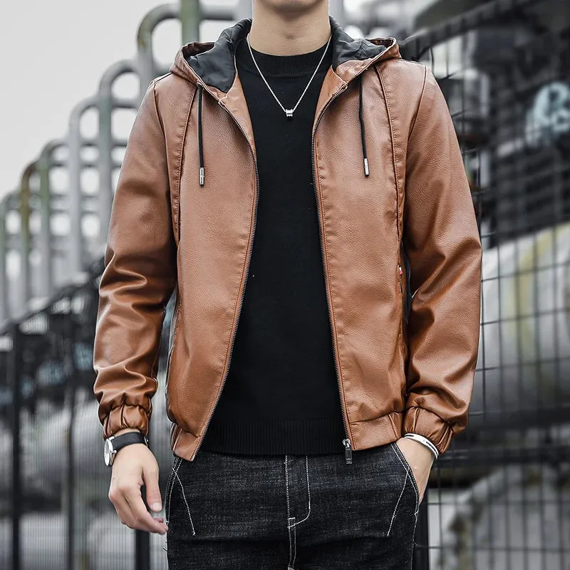 Hooded Leather Jacket Men Black Leather Jacket Hooded Light weight Motorcycle Jacket Men Fashion