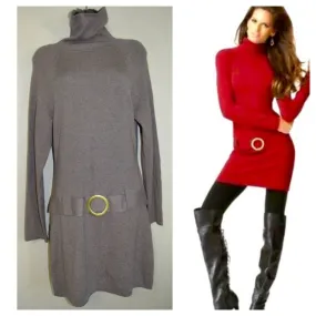 INC Ribbed Turtleneck Belted Sweater Dress in Heather Mouse Large