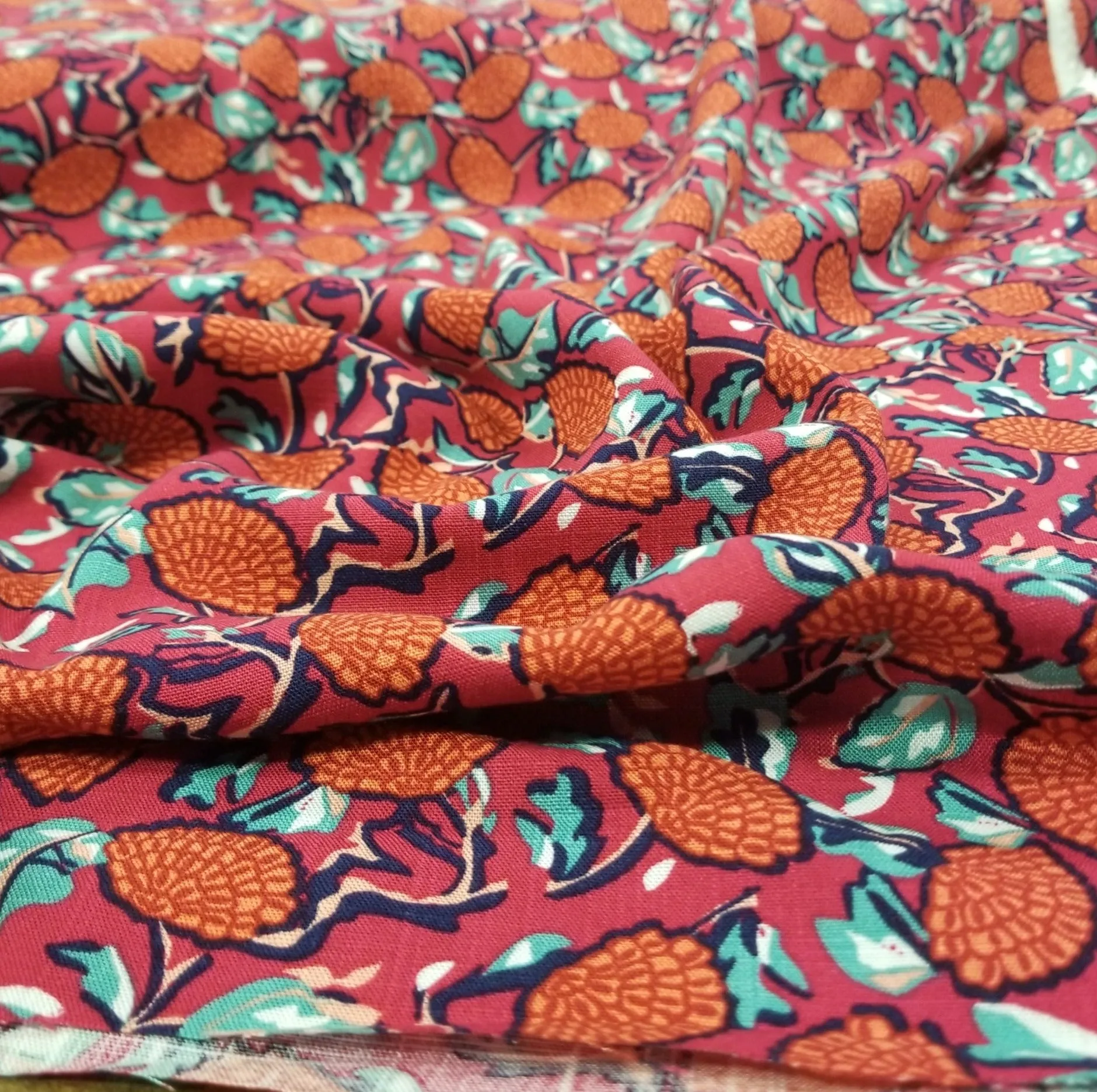 LA Finch 5 yard precuts : 5 yards of Designer Deadstock Fuchsia and Orange Abstract Fan Florals Laundered Cotton Rayon Linen Woven