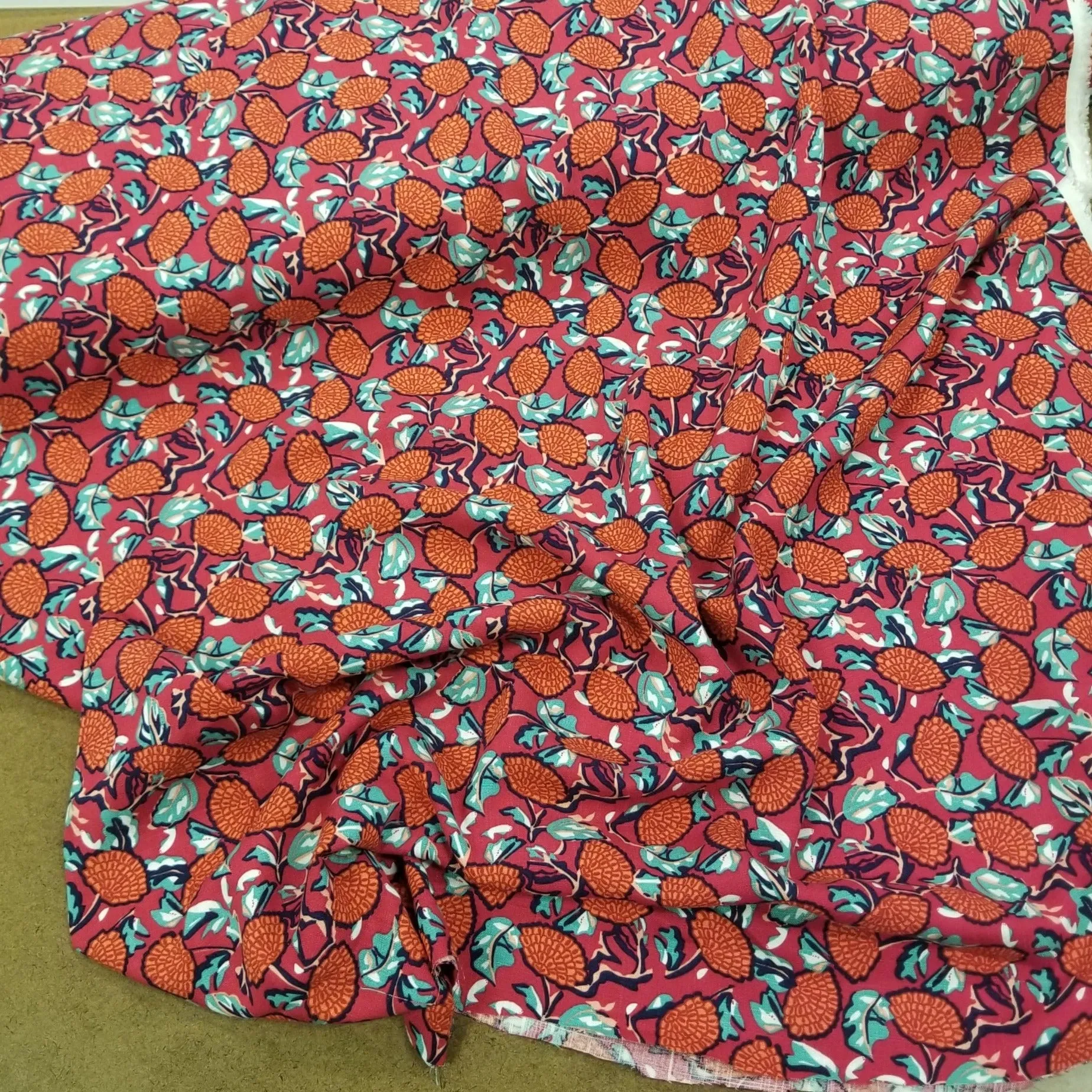 LA Finch 5 yard precuts : 5 yards of Designer Deadstock Fuchsia and Orange Abstract Fan Florals Laundered Cotton Rayon Linen Woven