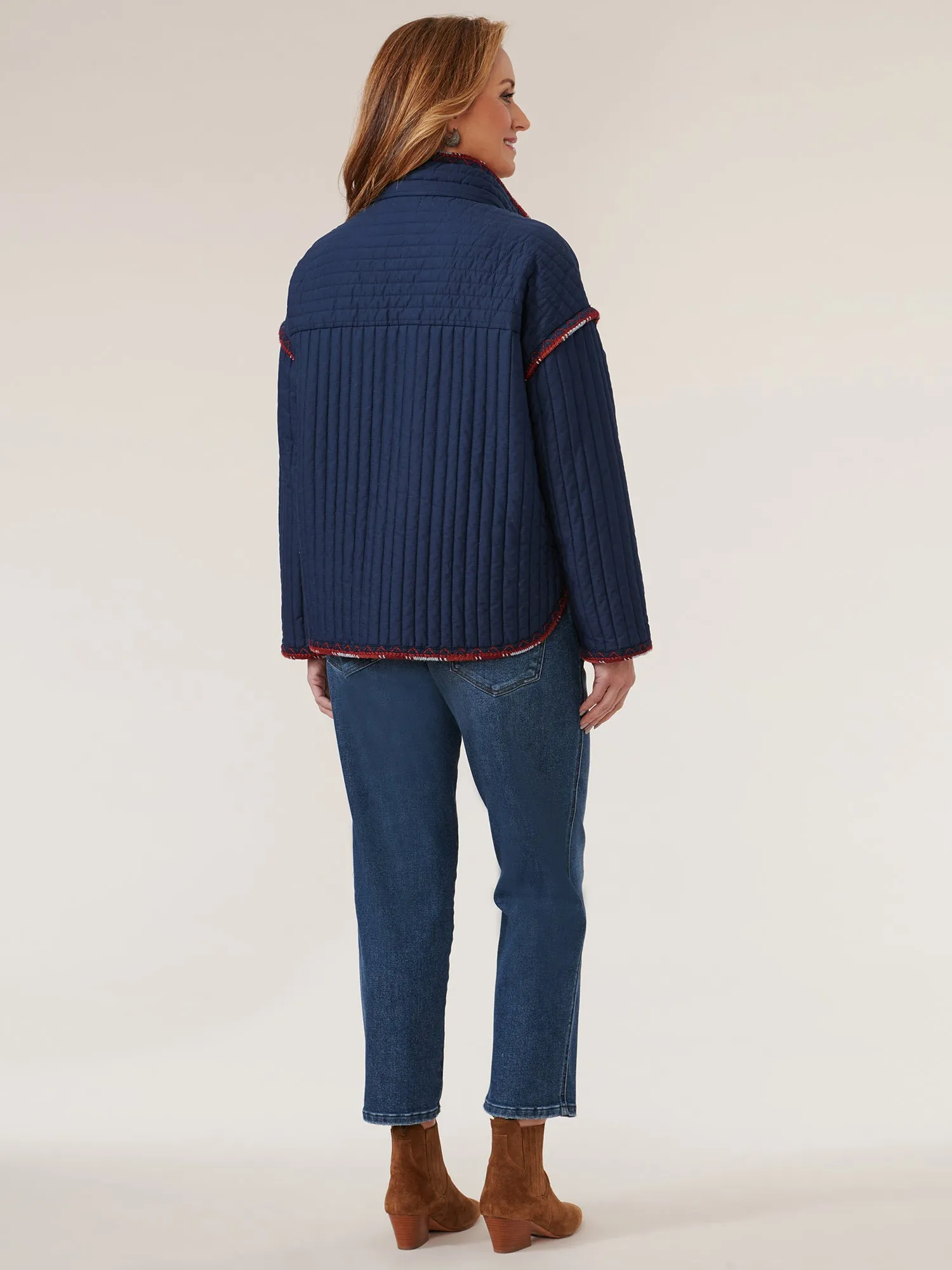 Long Sleeve Funnel Neck Quilted Embroidered Edge Jacket