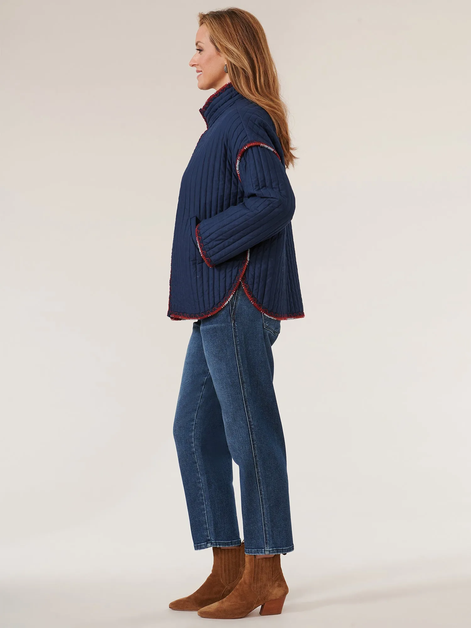Long Sleeve Funnel Neck Quilted Embroidered Edge Jacket