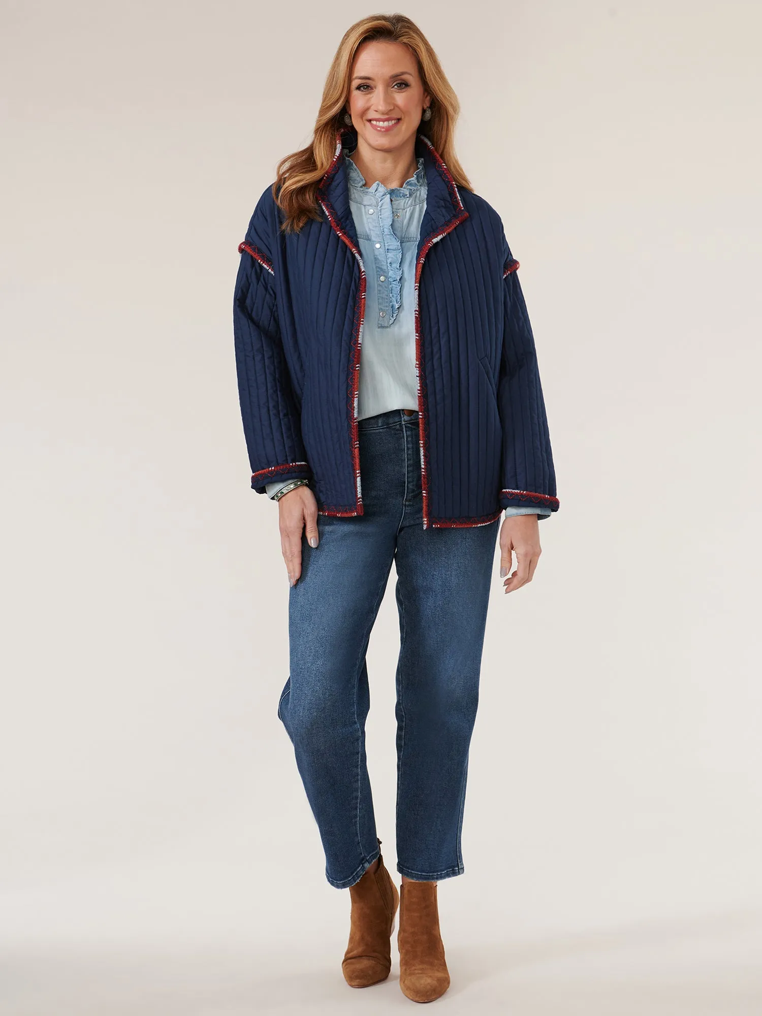 Long Sleeve Funnel Neck Quilted Embroidered Edge Jacket