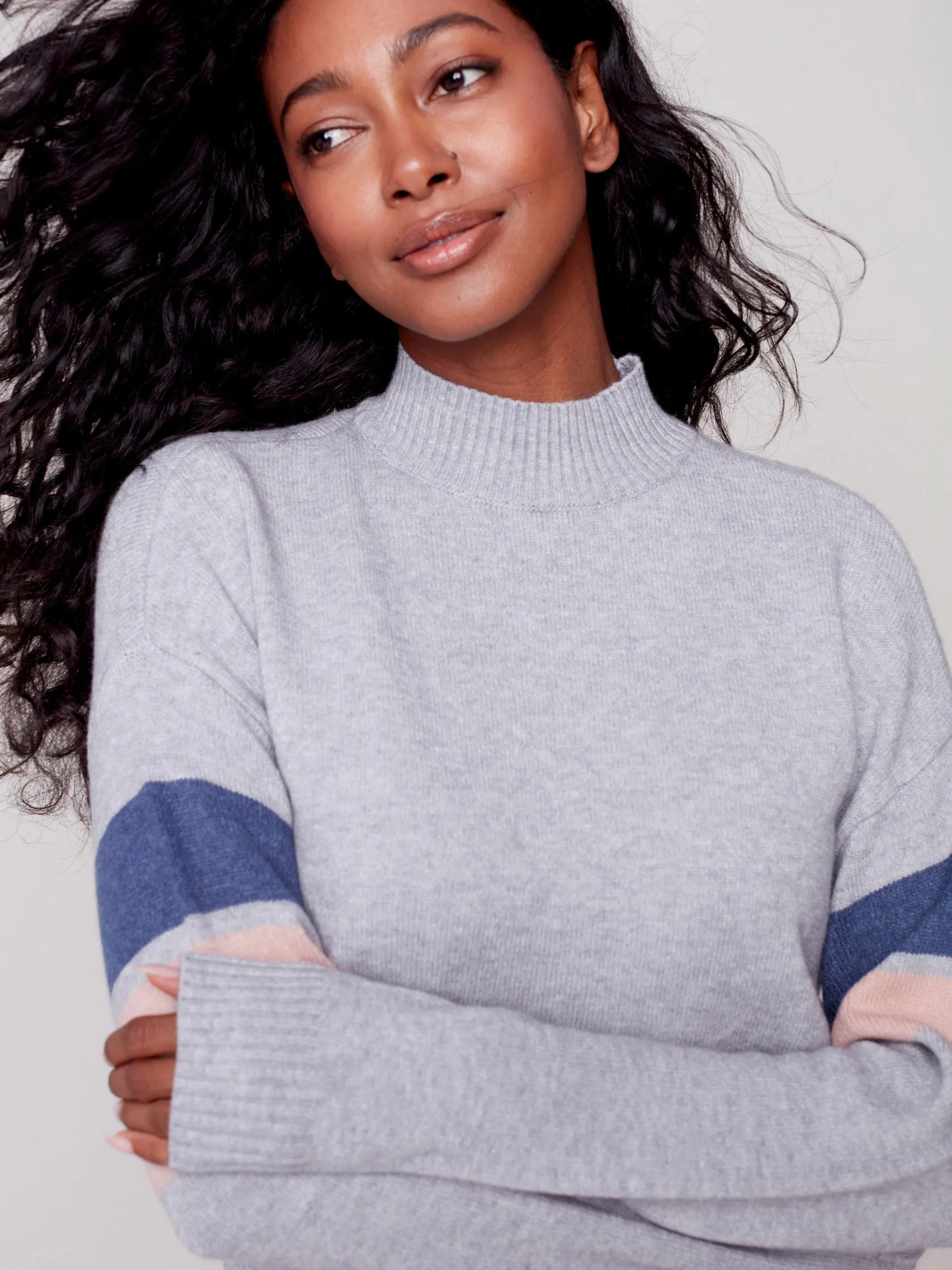 Mock Neck Sweater with Smiley Stitching - Grey