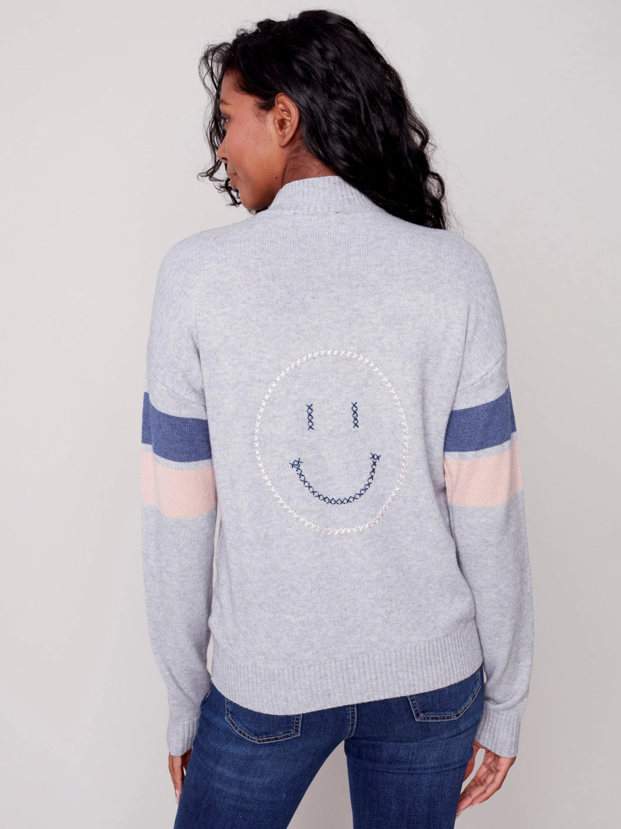 Mock Neck Sweater with Smiley Stitching - Grey