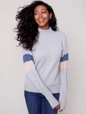 Mock Neck Sweater with Smiley Stitching - Grey